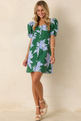 If You Ask Me Hunter Green & Blue Floral Cotton Puff Sleeve Mini Dress