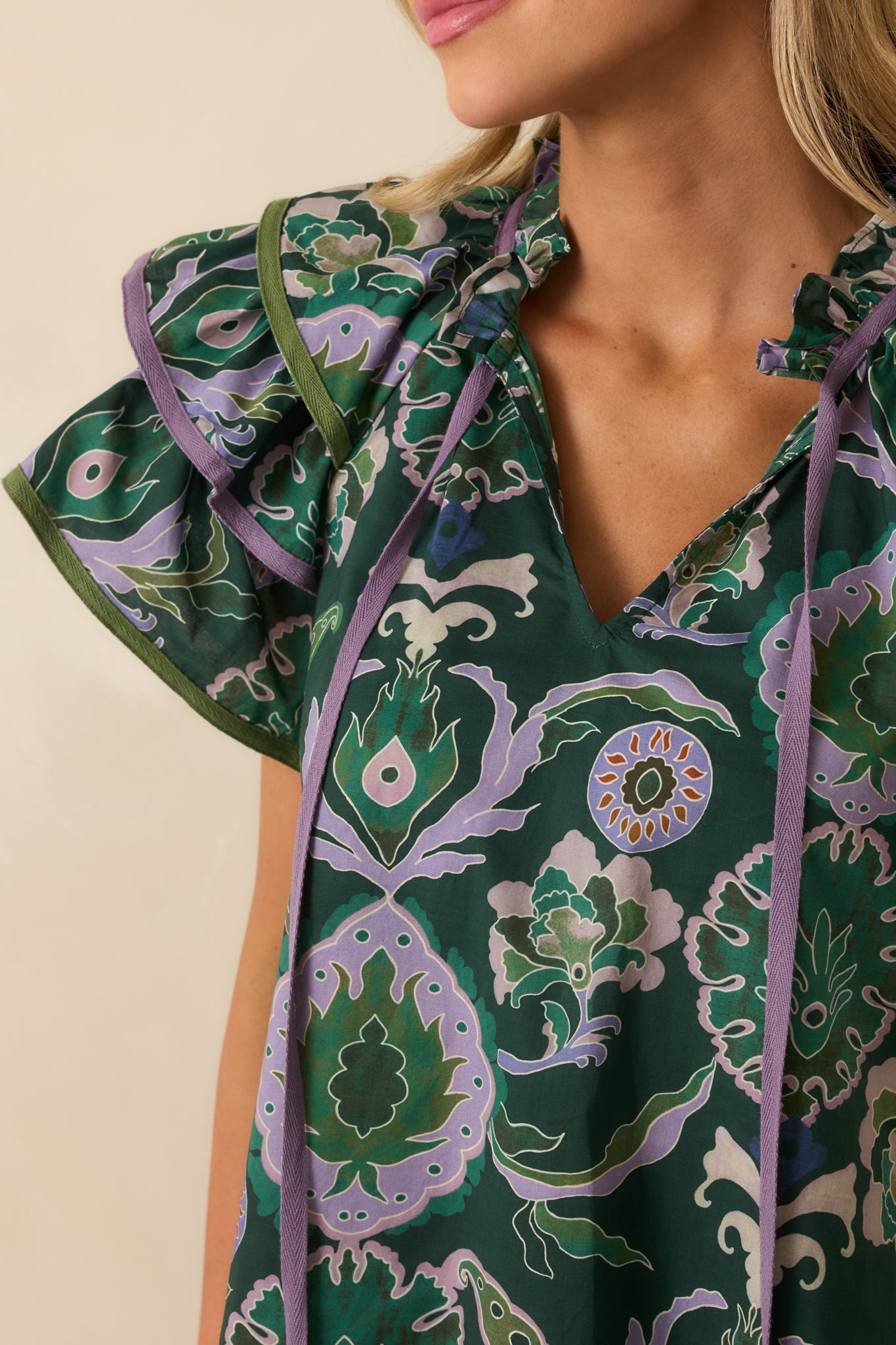 The Rest Is Certain Green Multi Print Cotton Ruffle Sleeve Blouse