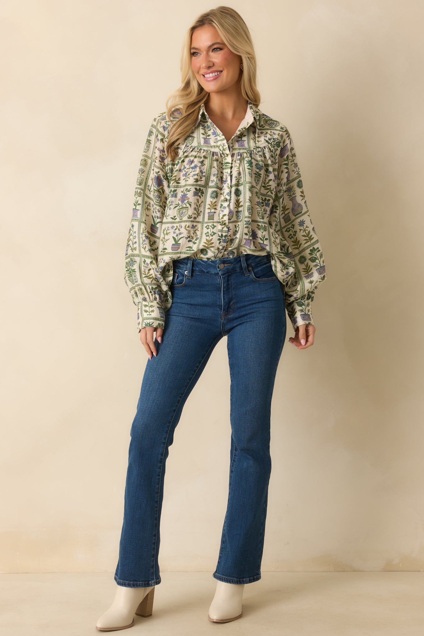 All Set Then Green Multi Floral Print Linen Blend Button Up Blouse