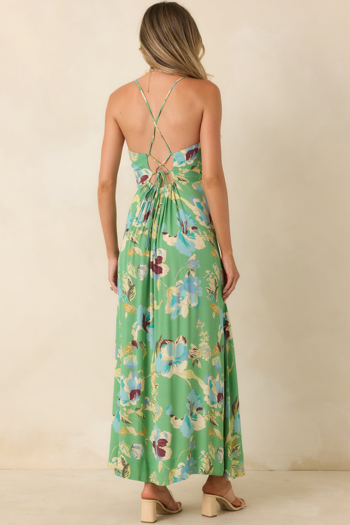 MINKPINK Cyprus Green Floral Back Detail Maxi Dress