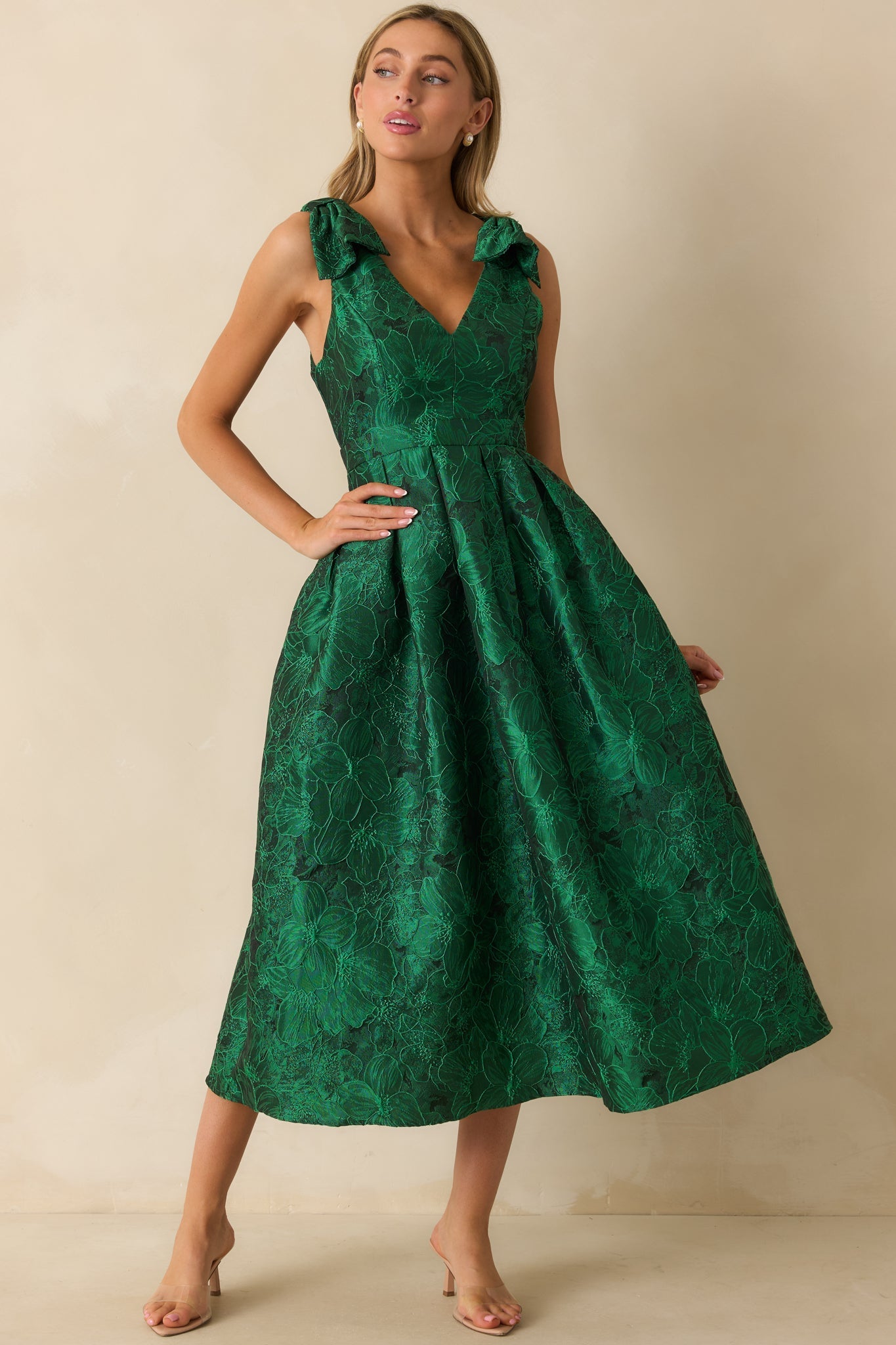 Enchanting Elegance Emerald Green Floral Jacquard Midi Dress