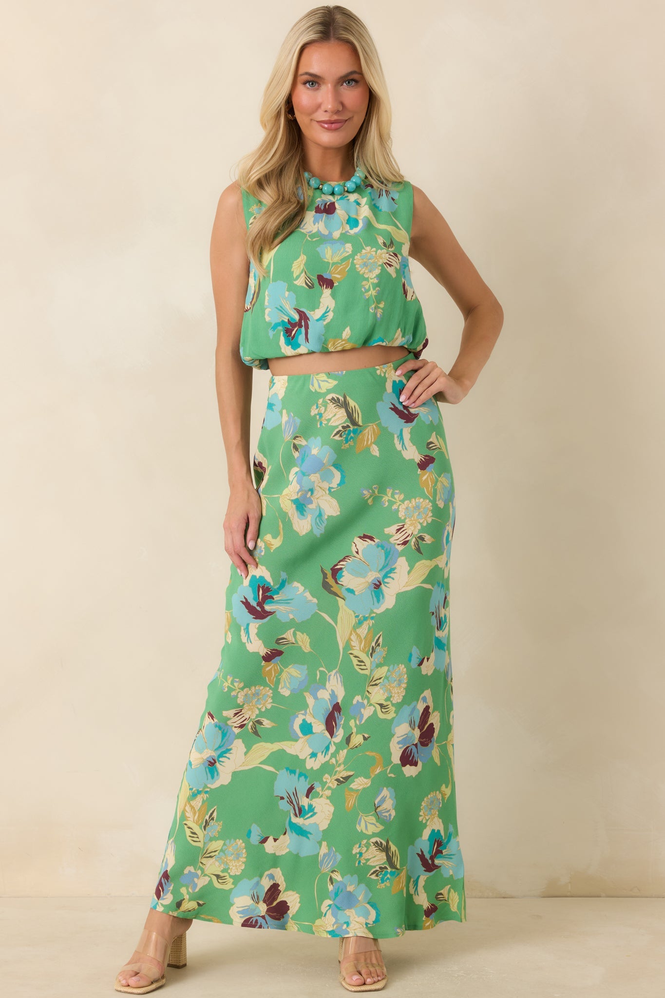 MINKPINK Cyprus Green Floral Bias Maxi Skirt