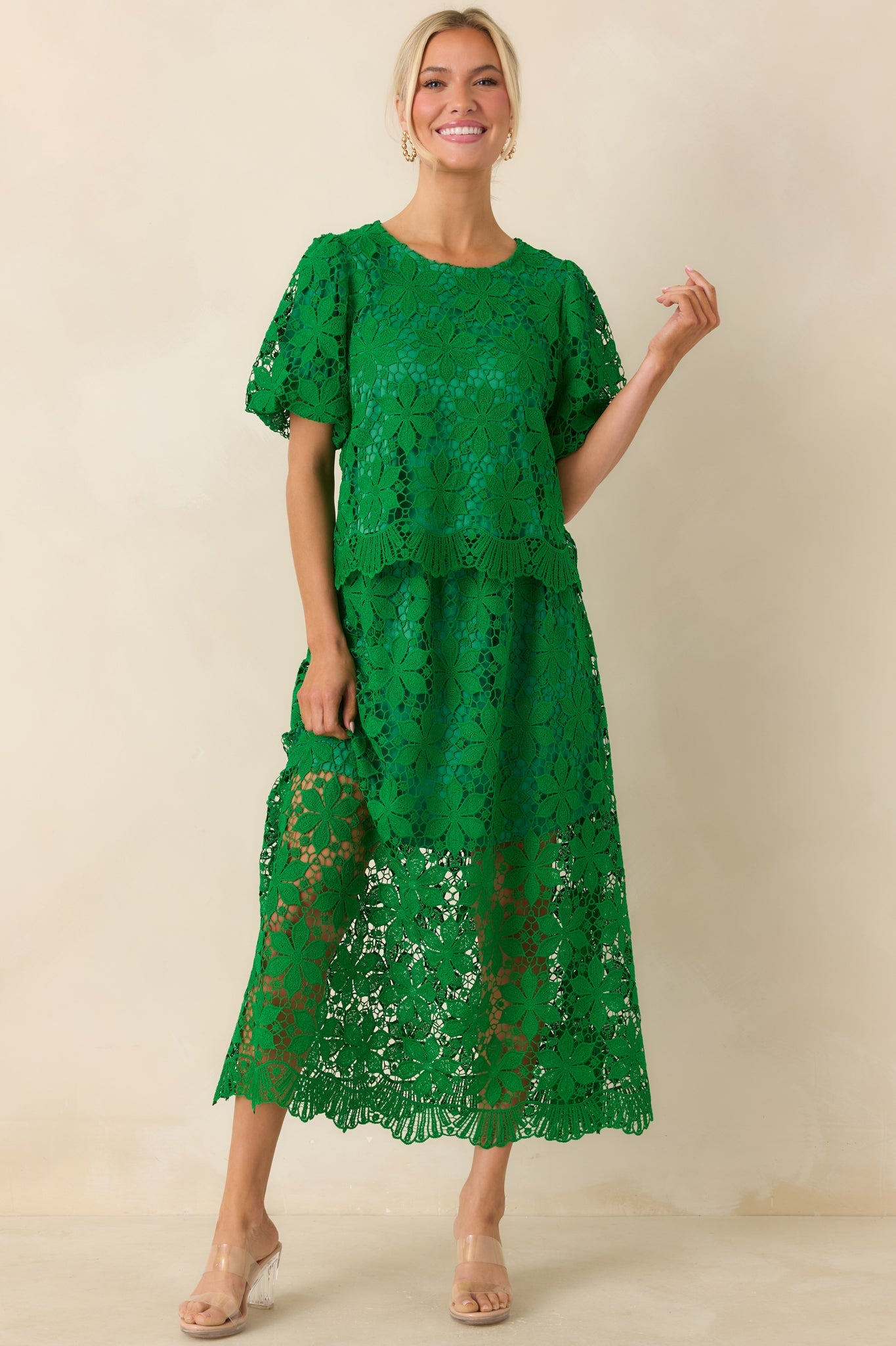 All the Attention Green Floral Lace Short Sleeve Top