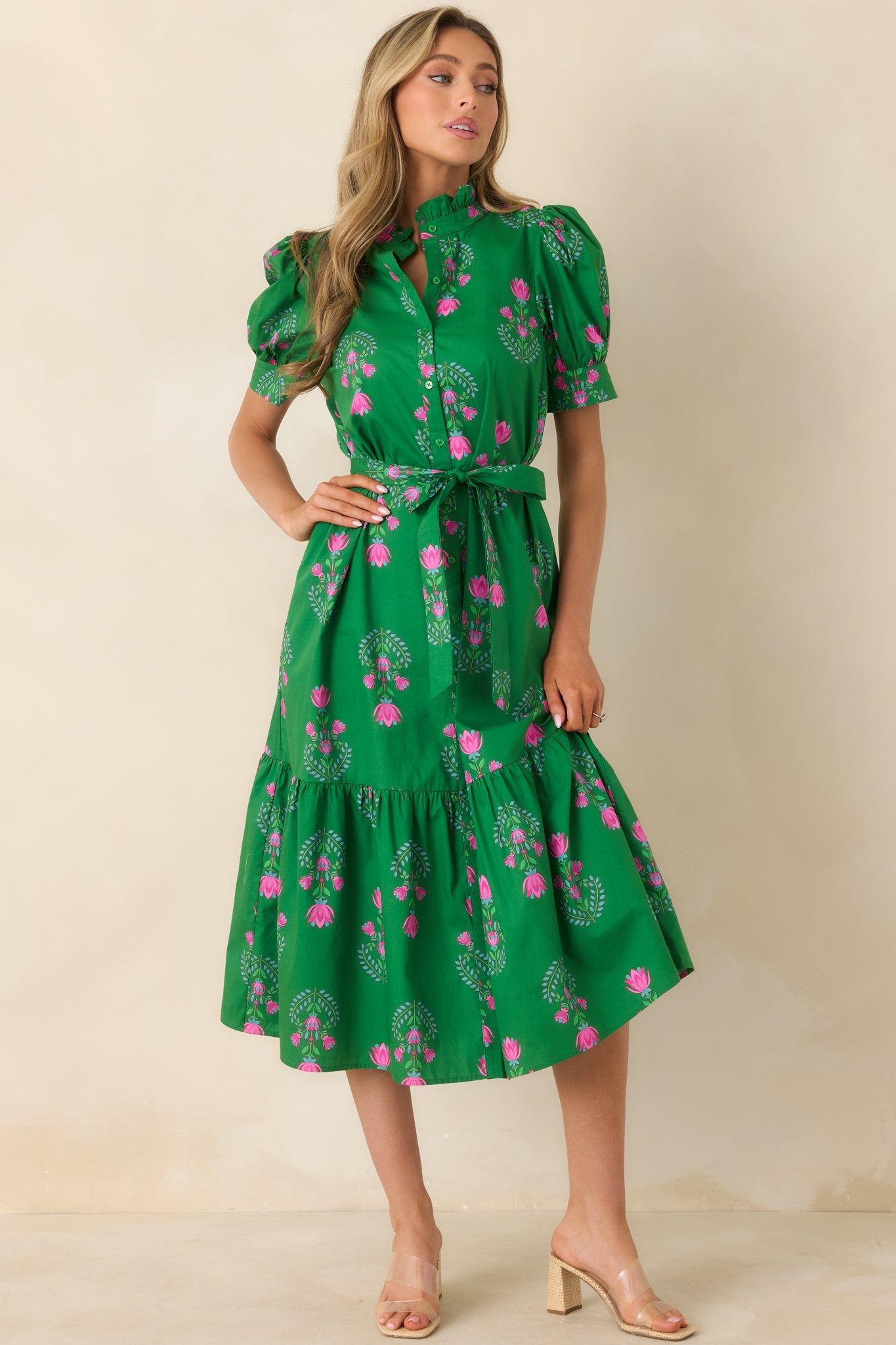 Free To Fly Green Cotton Floral Button Front Midi Dress
