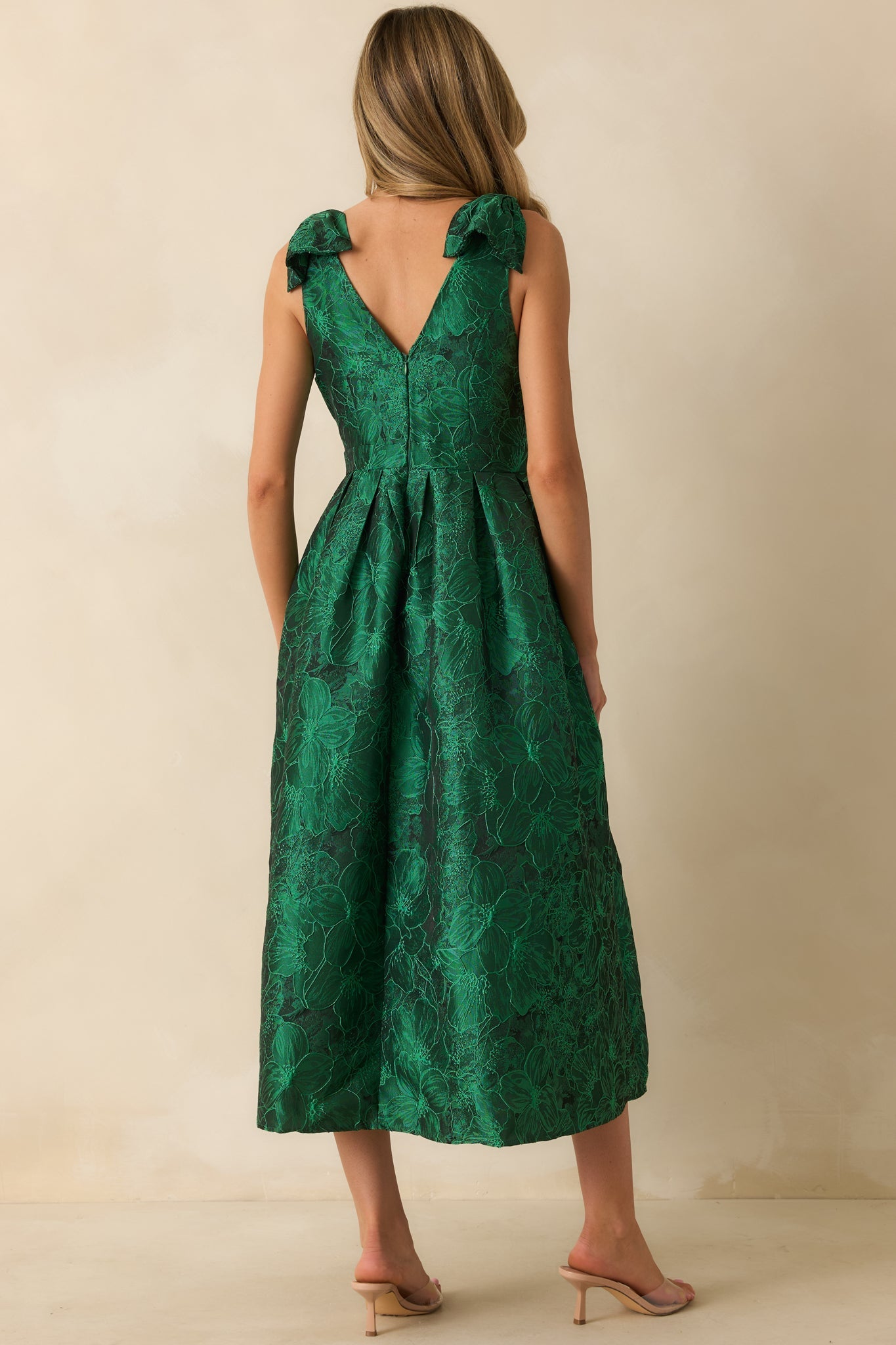 Enchanting Elegance Emerald Green Floral Jacquard Midi Dress