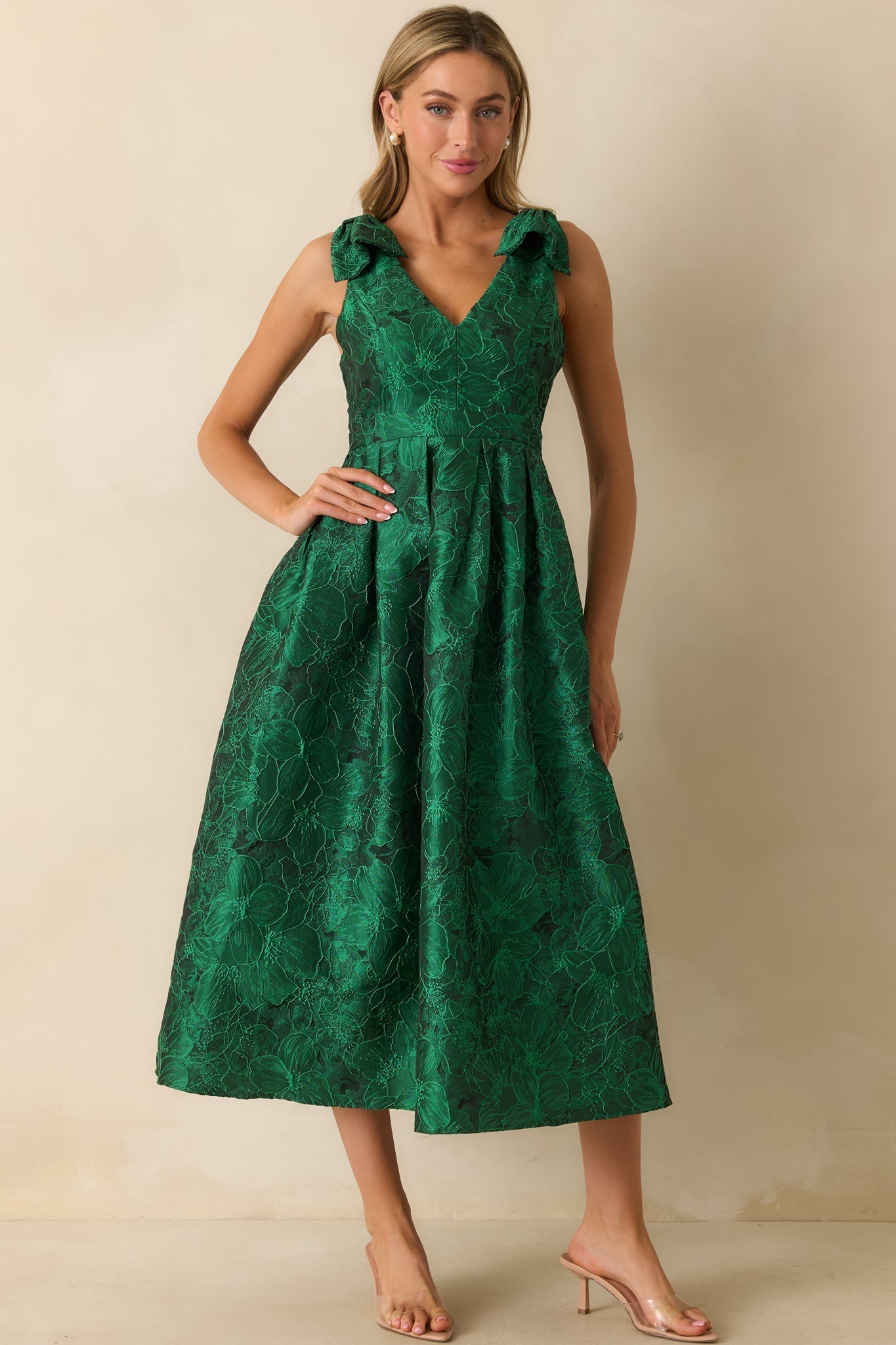 Enchanting Elegance Emerald Green Floral Jacquard Midi Dress