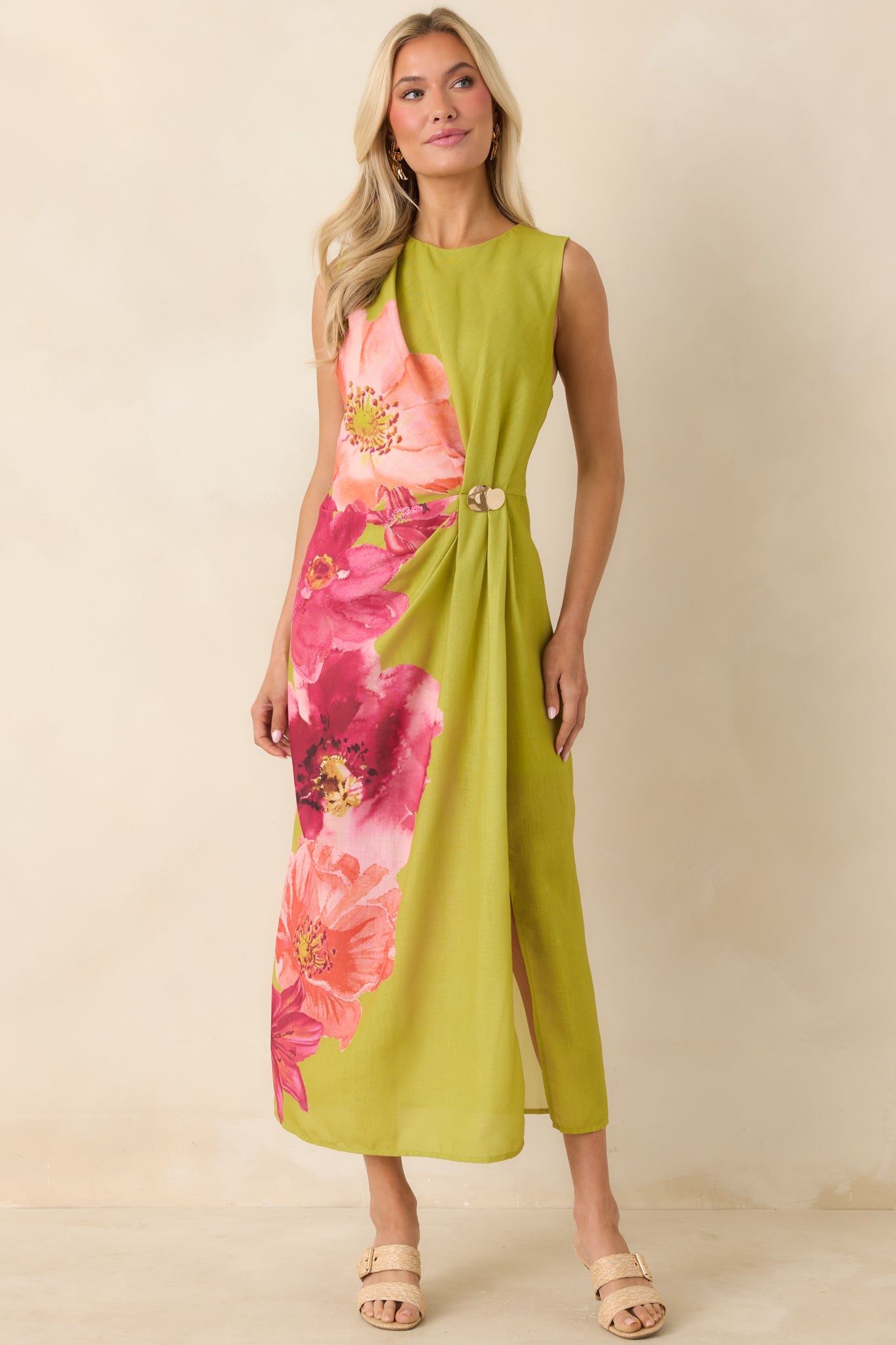 Do a Double Take Chartreuse Multi Floral Print Midi Dress