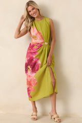 Do a Double Take Chartreuse Multi Floral Print Midi Dress