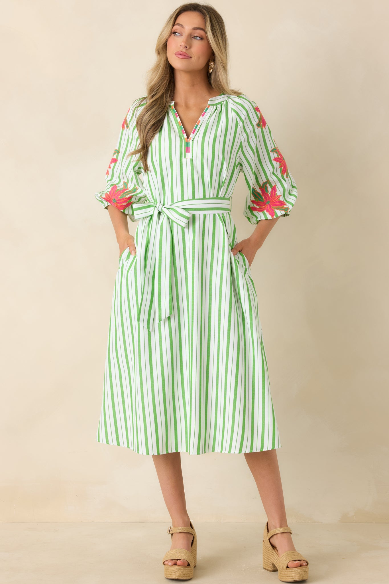 Having a Bright Outlook Green Stripe Floral Midi Dress
