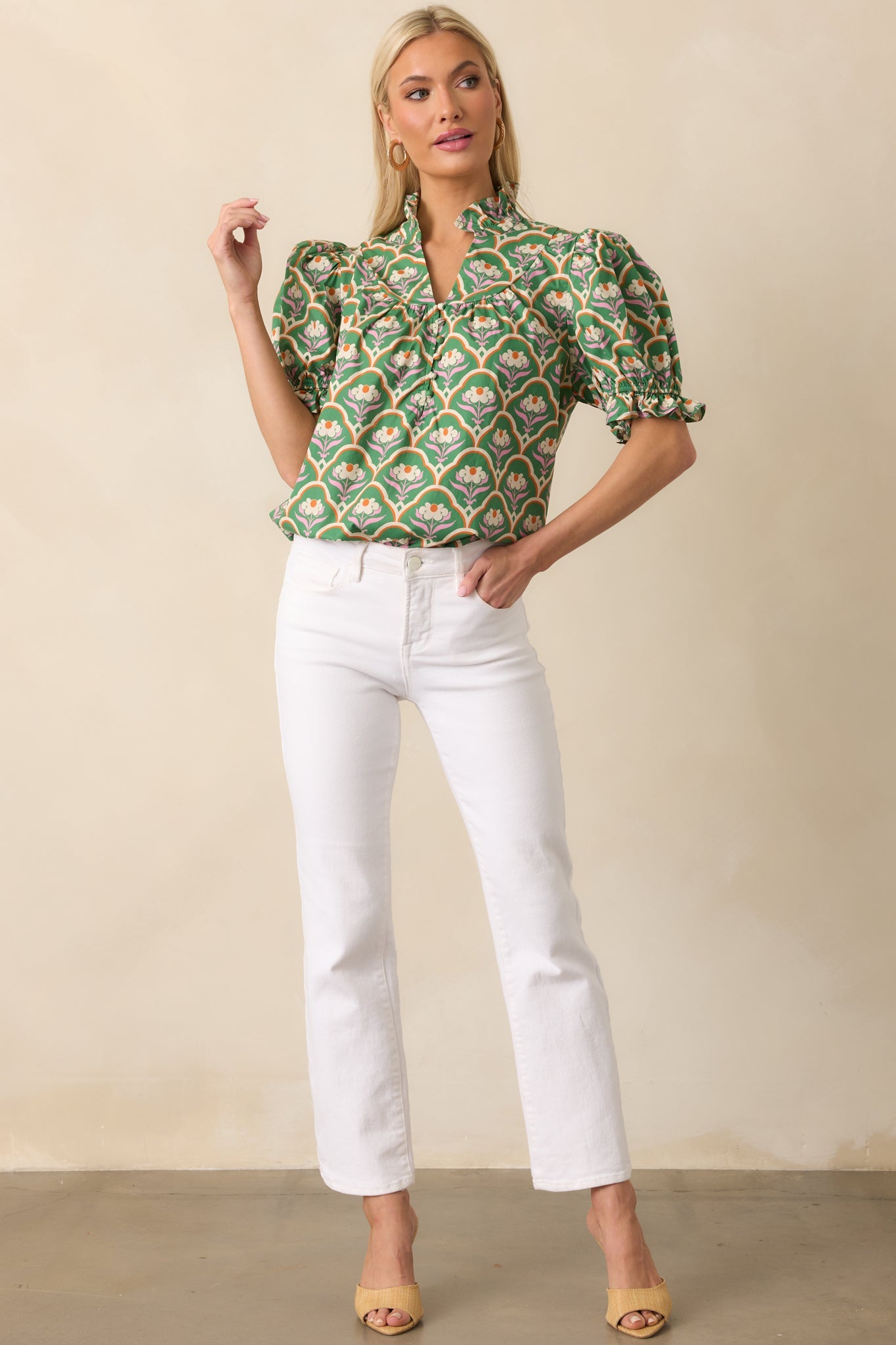 Crossed My Mind Green Geometric Floral Print Cotton Top