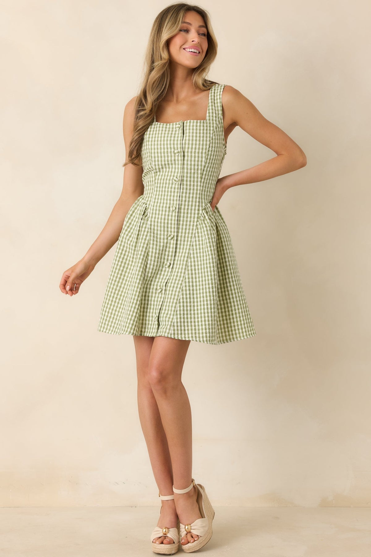 Caught in the Sunshine Green Gingham Sleeveless Mini Dress