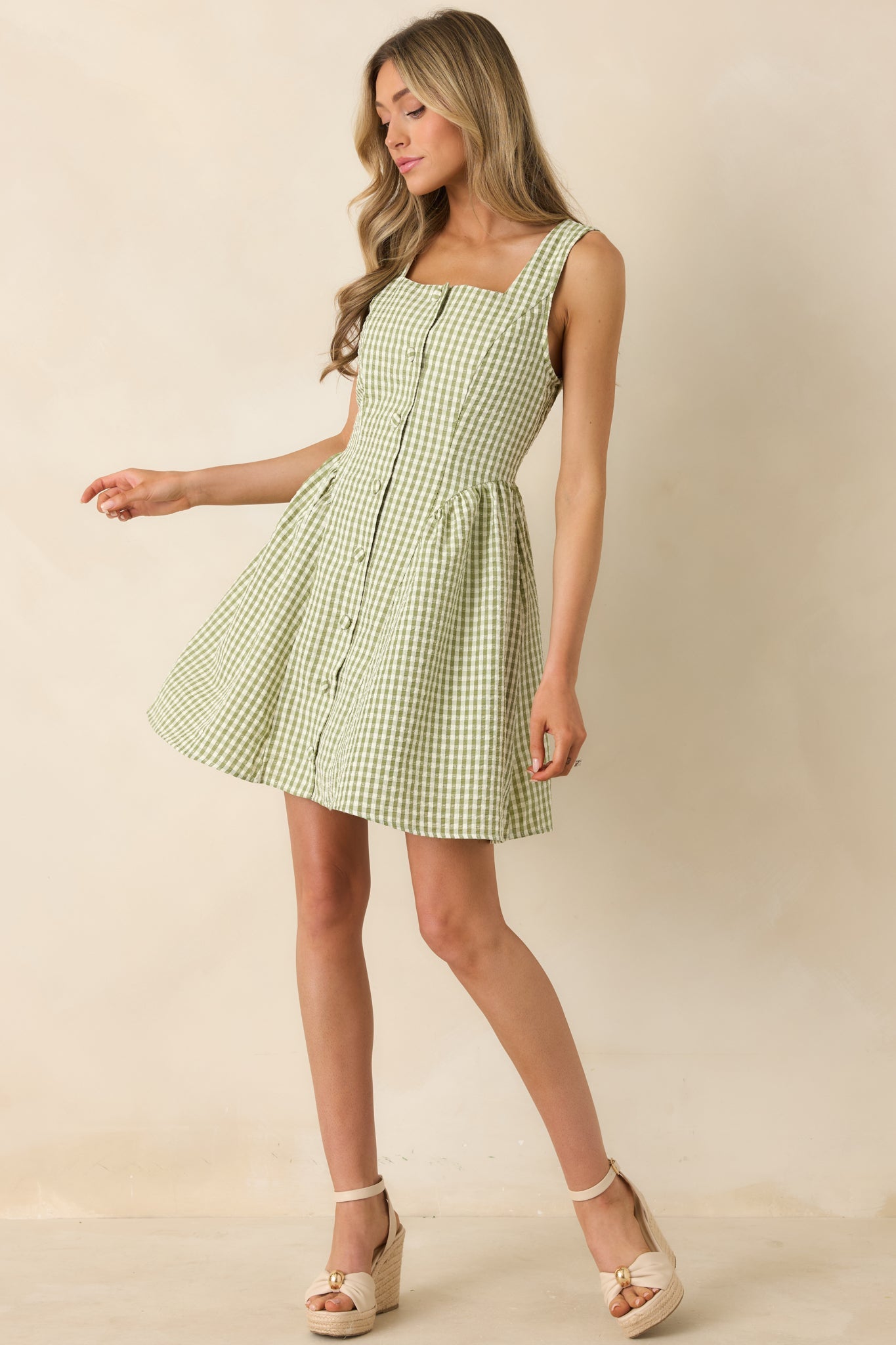Caught in the Sunshine Green Gingham Sleeveless Mini Dress