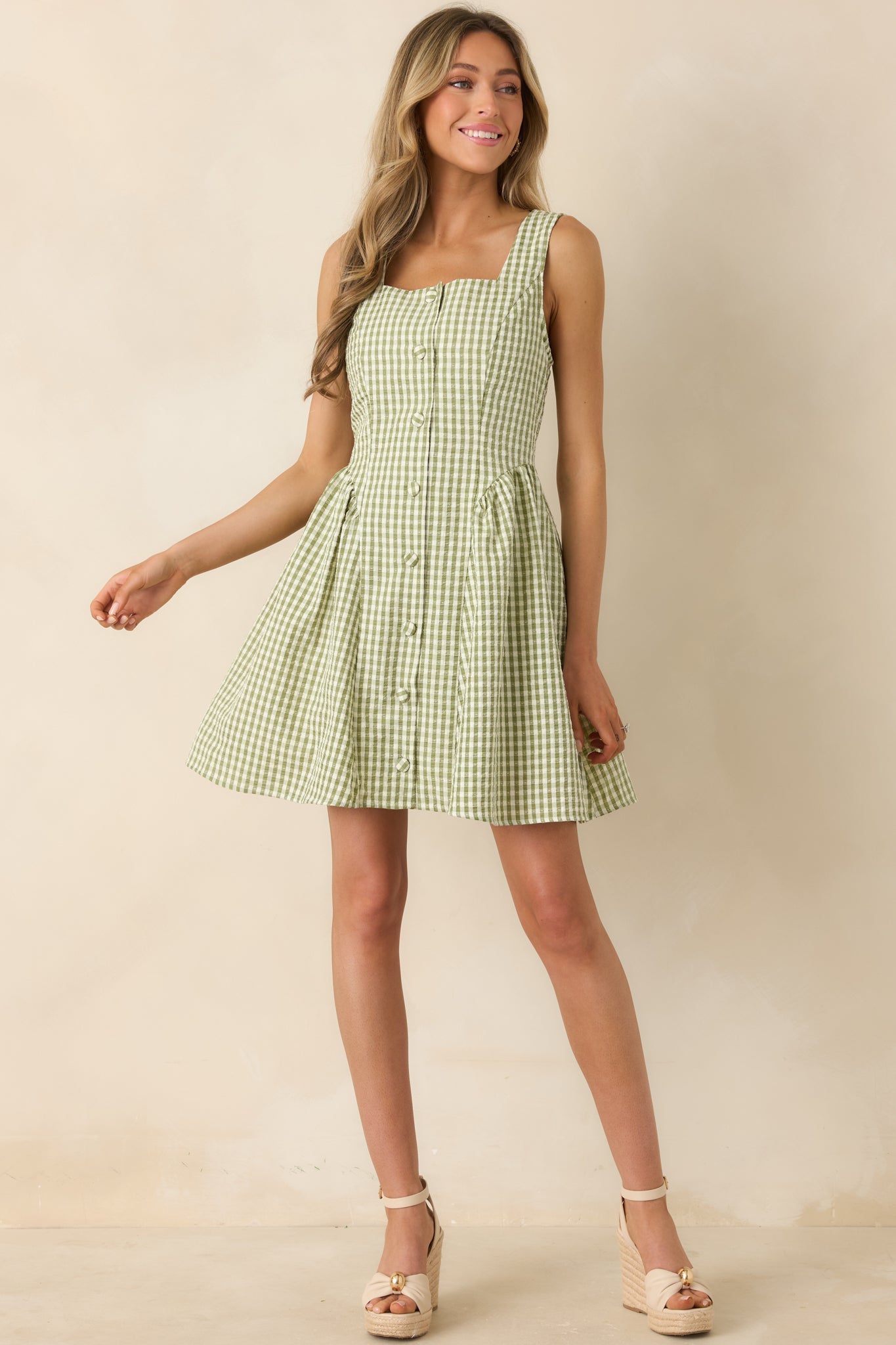 Caught in the Sunshine Green Gingham Sleeveless Mini Dress