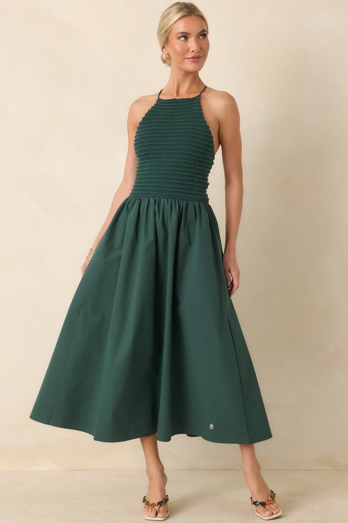 FRNCH Lucia Green Cotton Strappy Knit Bodice Midi Dress