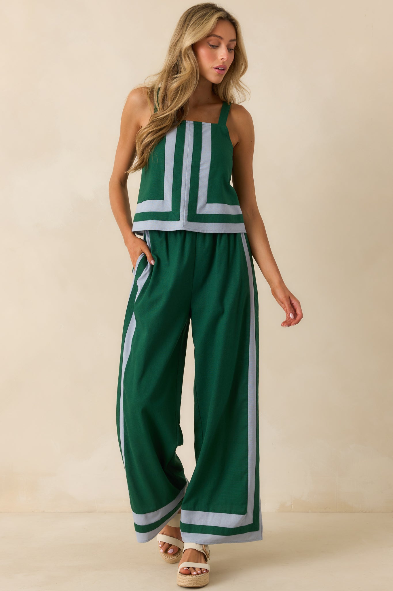 She Always Knows Green Contrast Trim Linen Blend Wide Leg Pants
