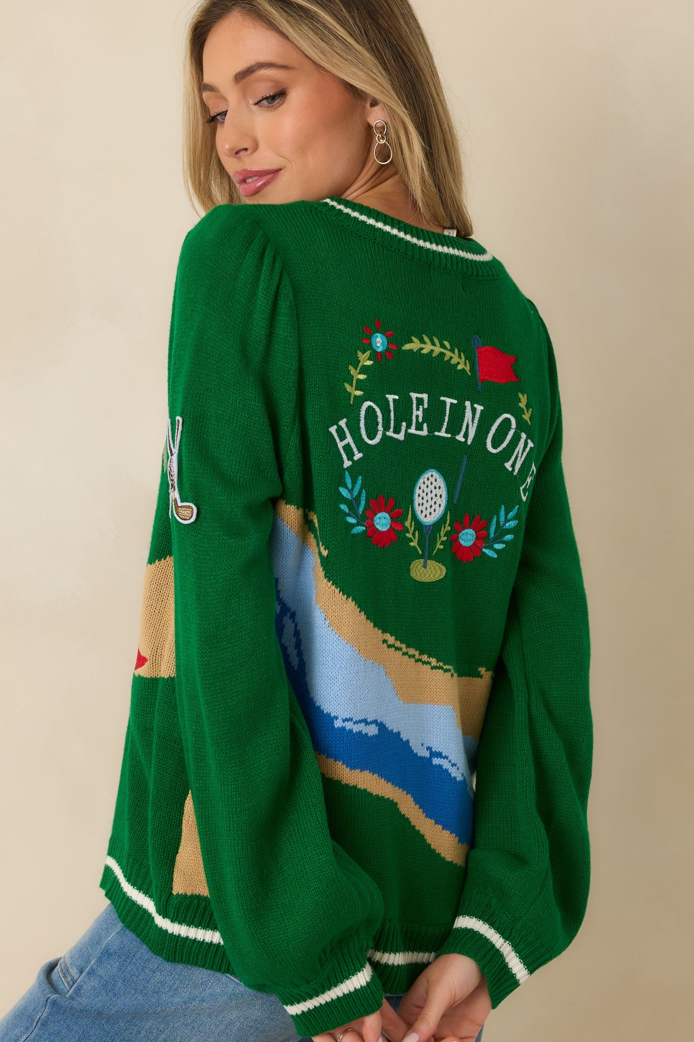Hole In One Green Knit Button Front Golf Cardigan