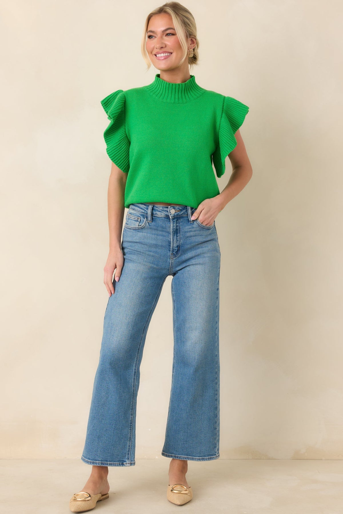 Watch Her Work Kelly Green Knit Flutter Sleeve Top