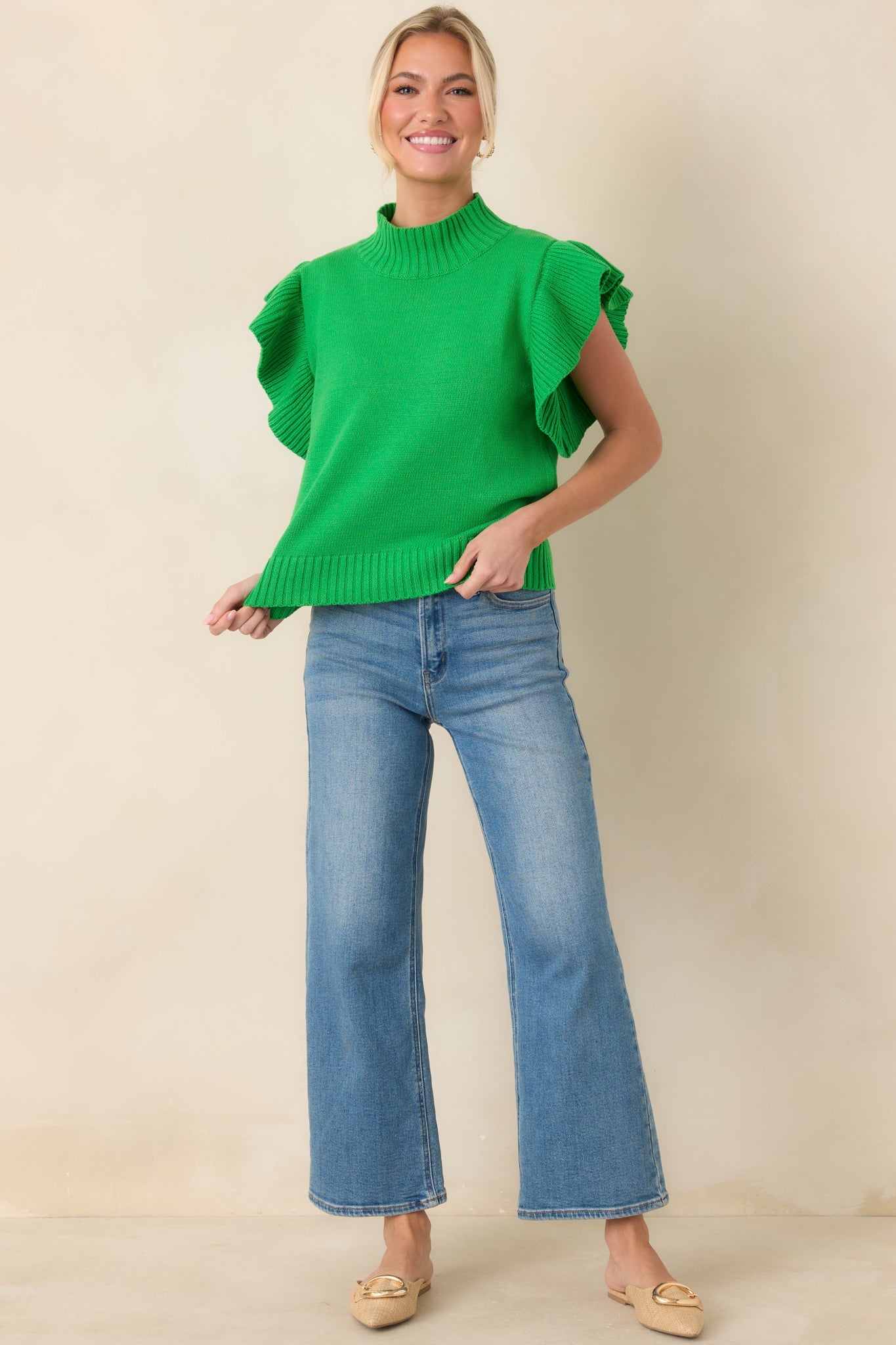 Watch Her Work Kelly Green Knit Flutter Sleeve Top