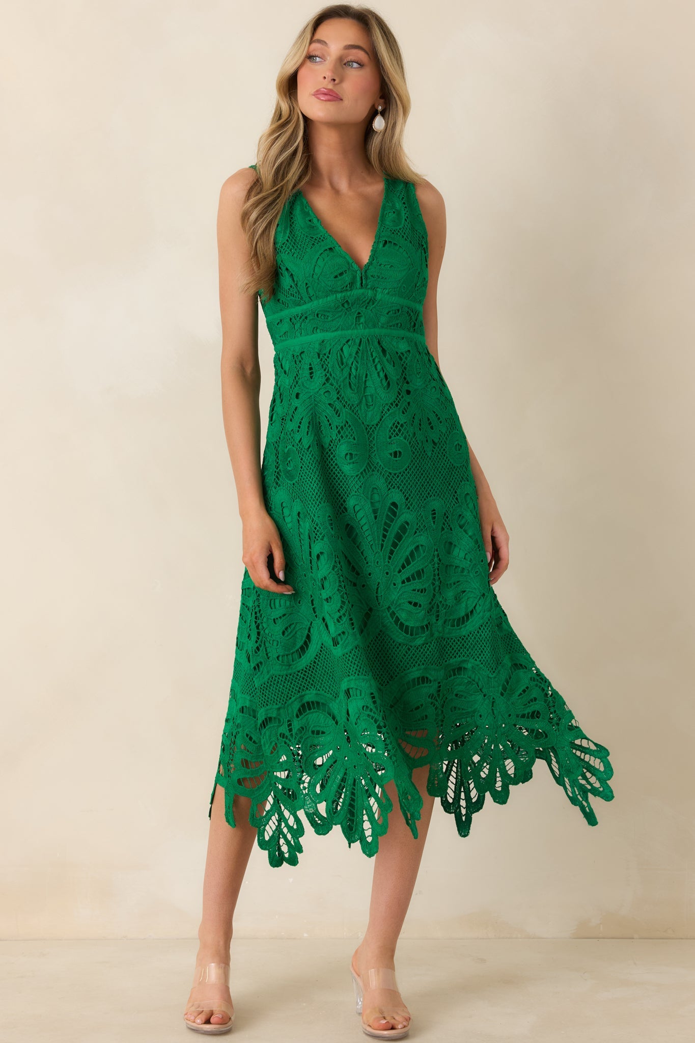 Where the Party Is Green Lace V-Neck Sleeveless Midi Dress