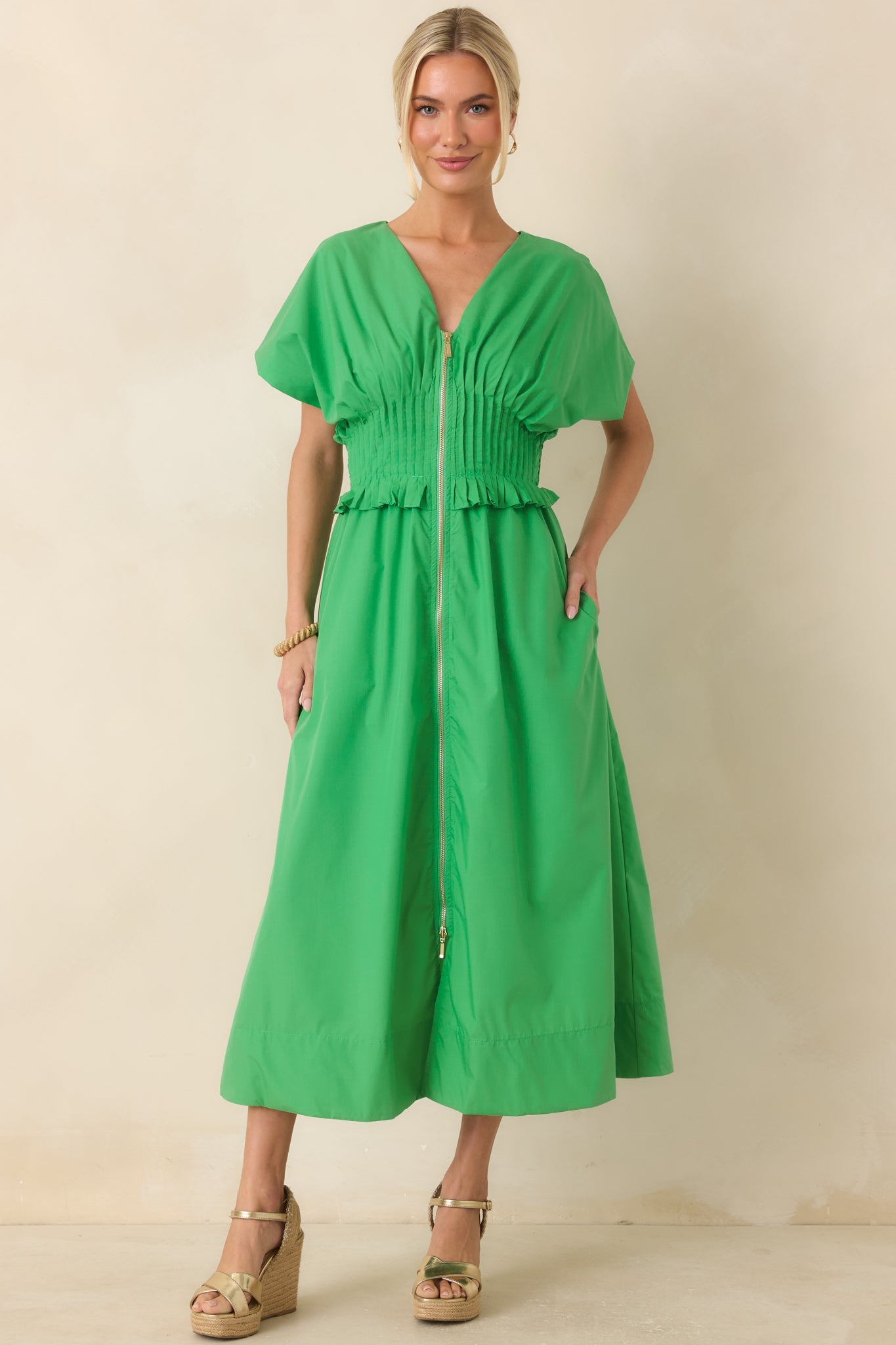 Let It Be Easy Kelly Green Smocked Waist Zip Maxi Dress