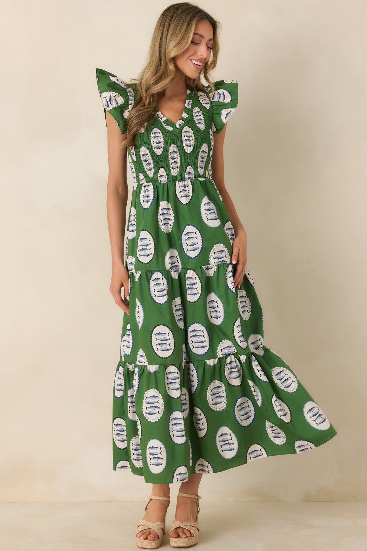 Where the Sun Goes Green Multi Cotton Fish Pattern Maxi Dress