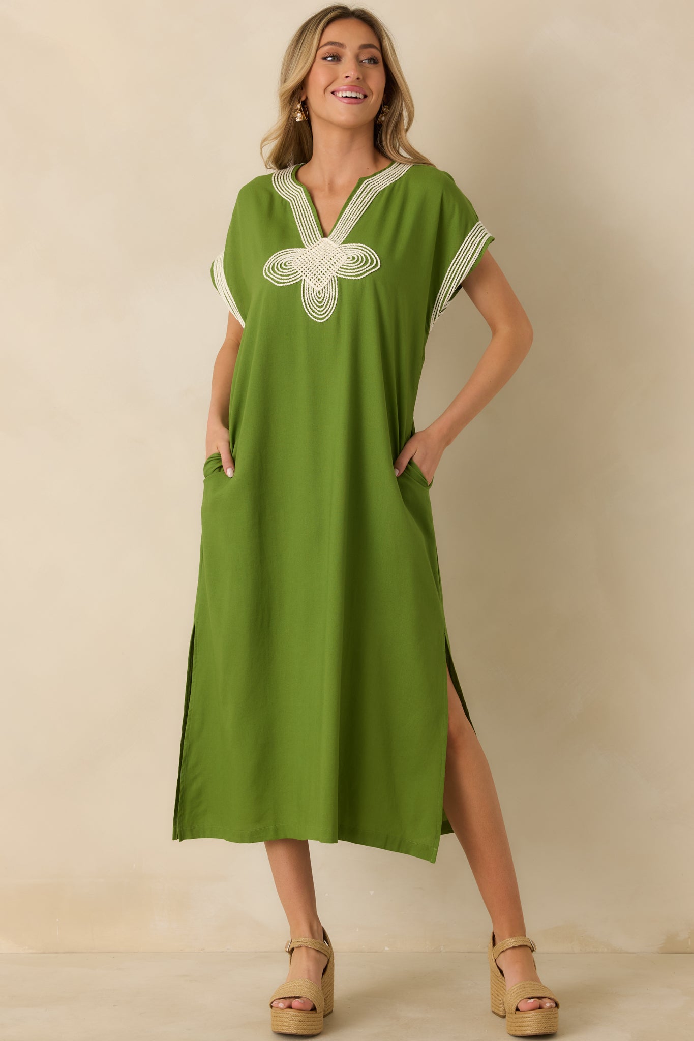 You Know the Feeling Matcha Green Embroidered V-Neck Maxi Dress