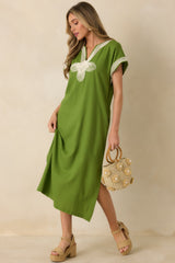 You Know the Feeling Matcha Green Embroidered V-Neck Maxi Dress