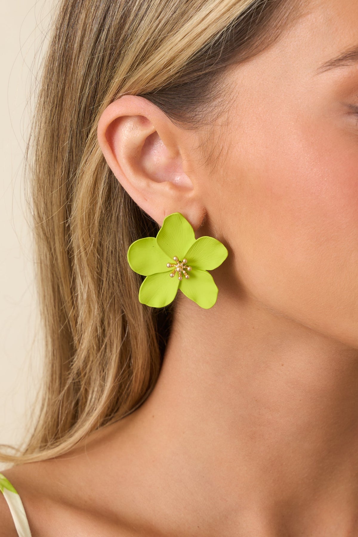 You're Fun, I Like You Bright Green Metal Floral Drop Earrings