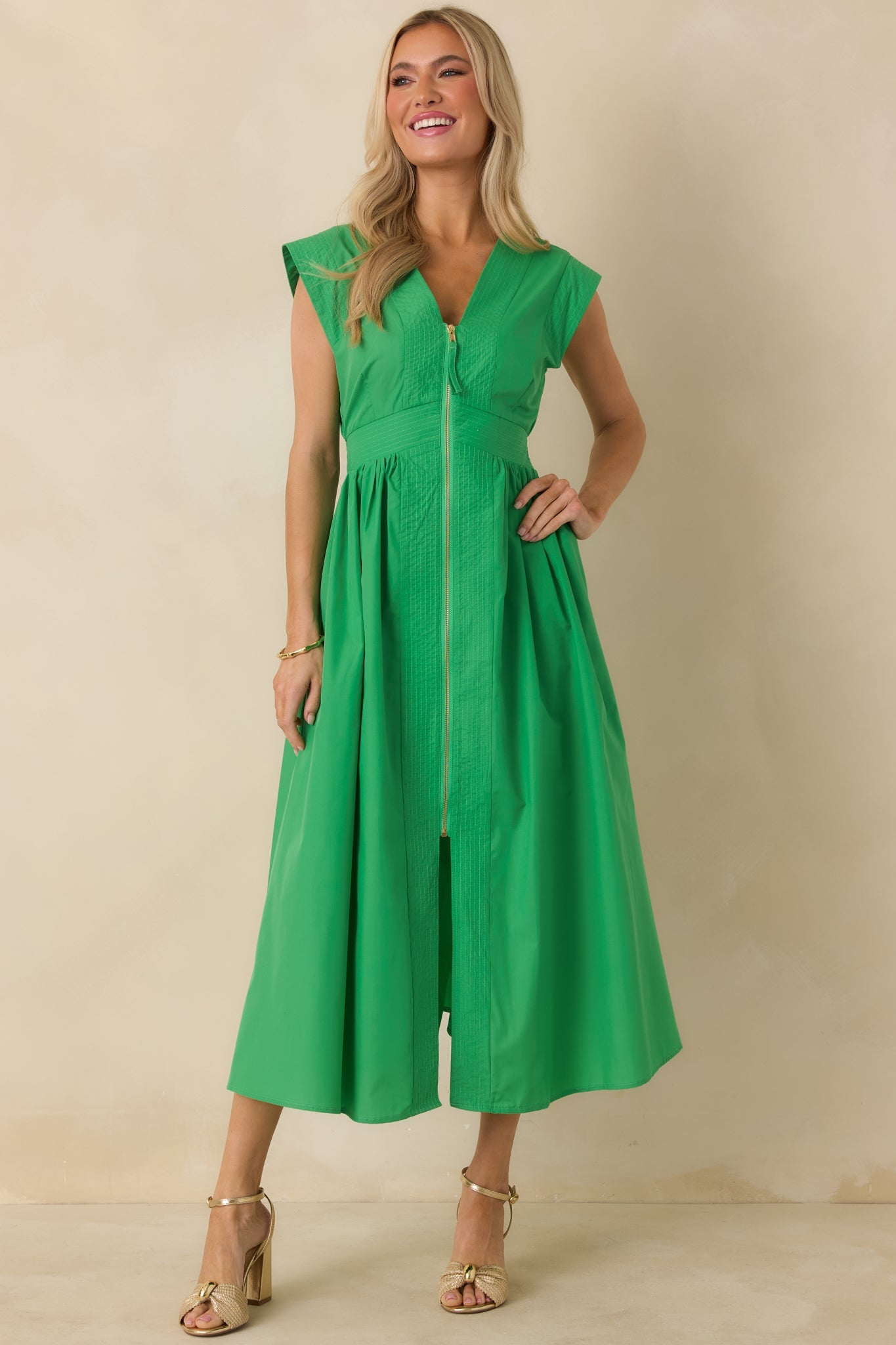 The Adeline Green Zip Up Midi Dress