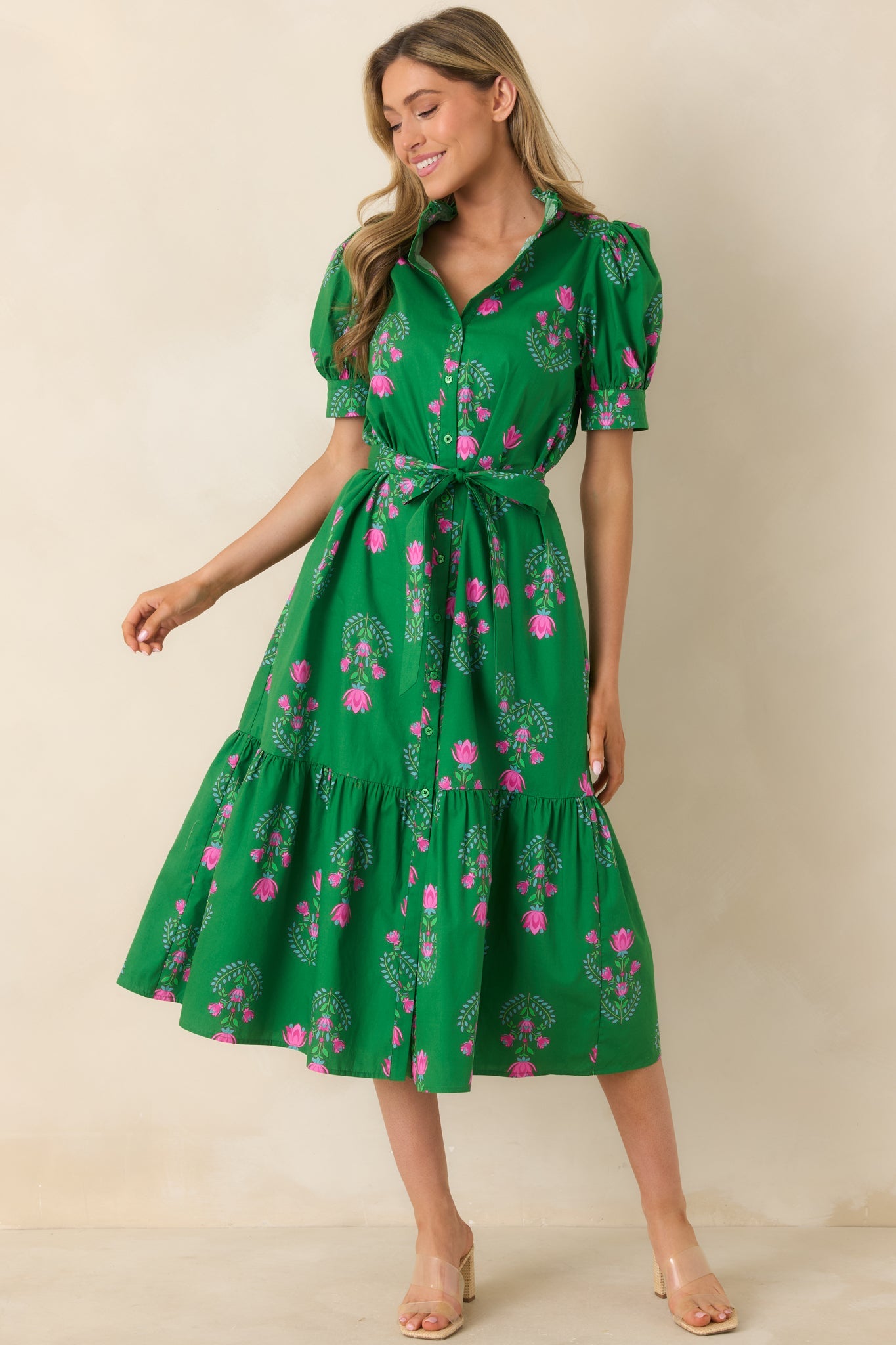 Free To Fly Green Cotton Floral Button Front Midi Dress