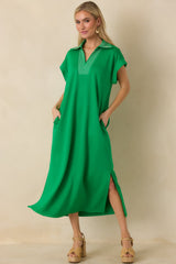 Let It Play Out Green Knit Contrast Detail V-Neck Short Sleeve Midi Dress