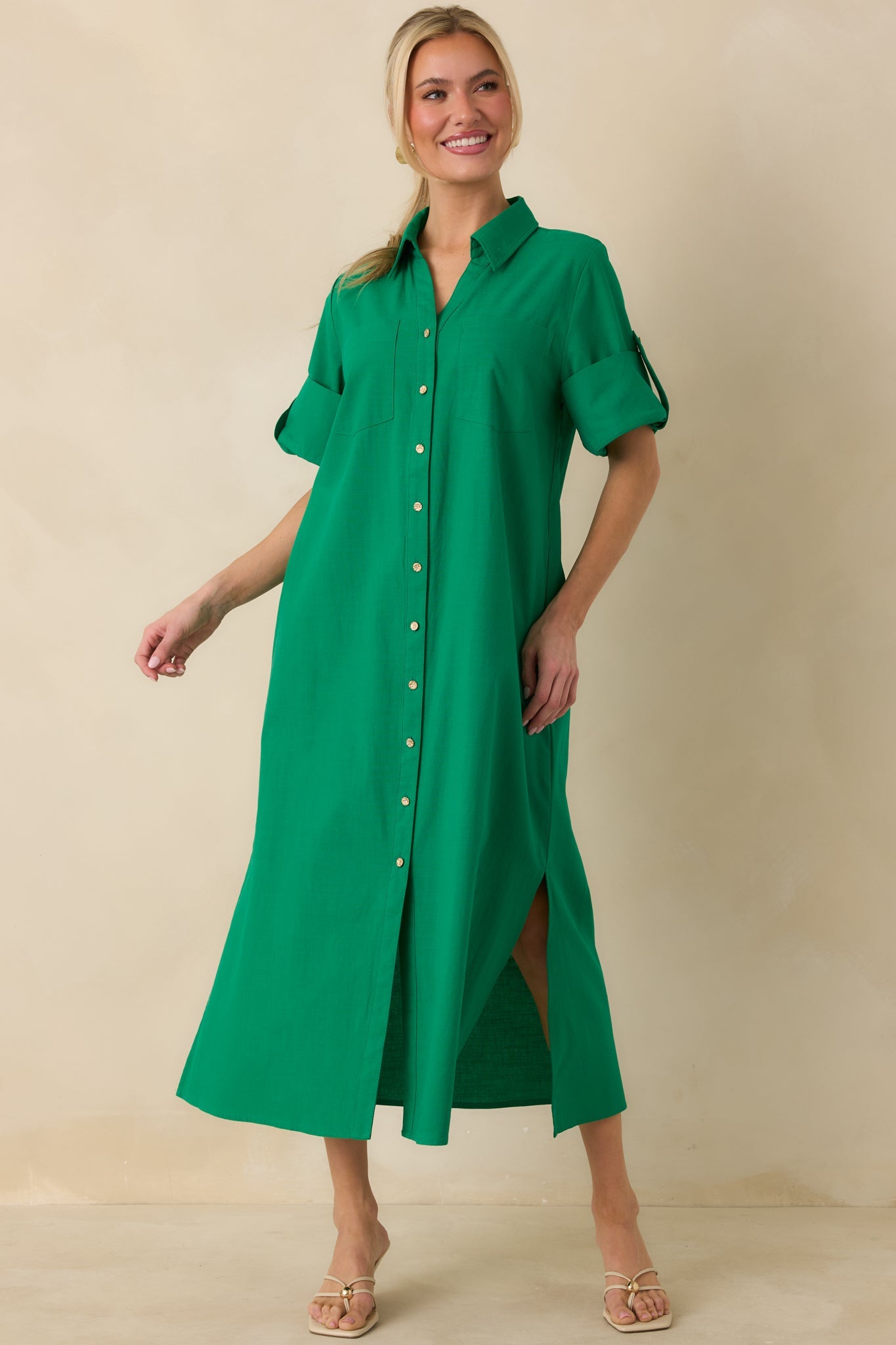 Show Me the Way Kelly Green Cotton Button Front Midi Shirt Dress