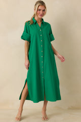 Show Me the Way Kelly Green Cotton Button Front Midi Shirt Dress