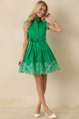 The Way Forward Spring Green Cotton Floral Embroidered Button Down Mini Dress