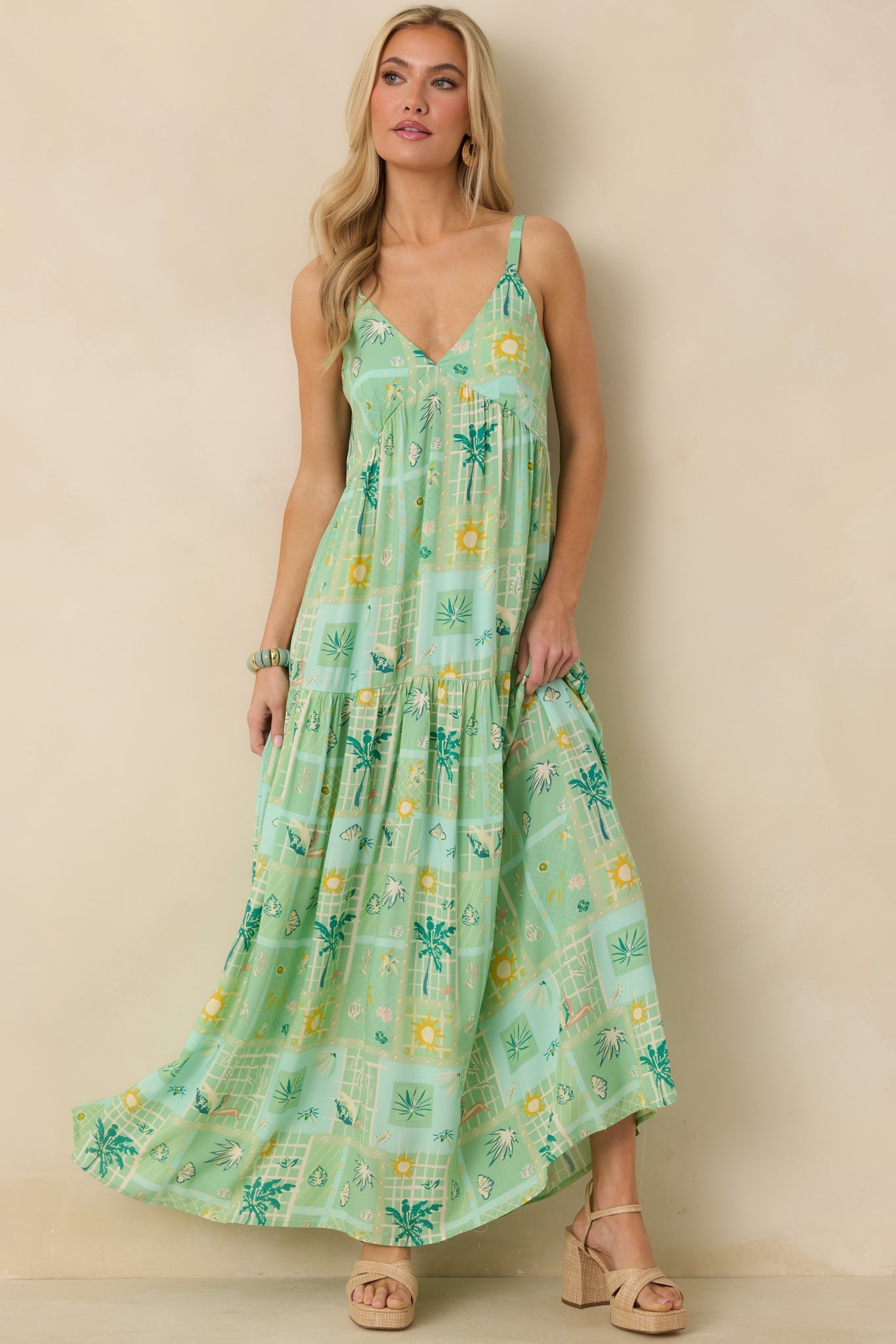Sunlit Getaway Green Multi Tropical Sleeveless Maxi Dress