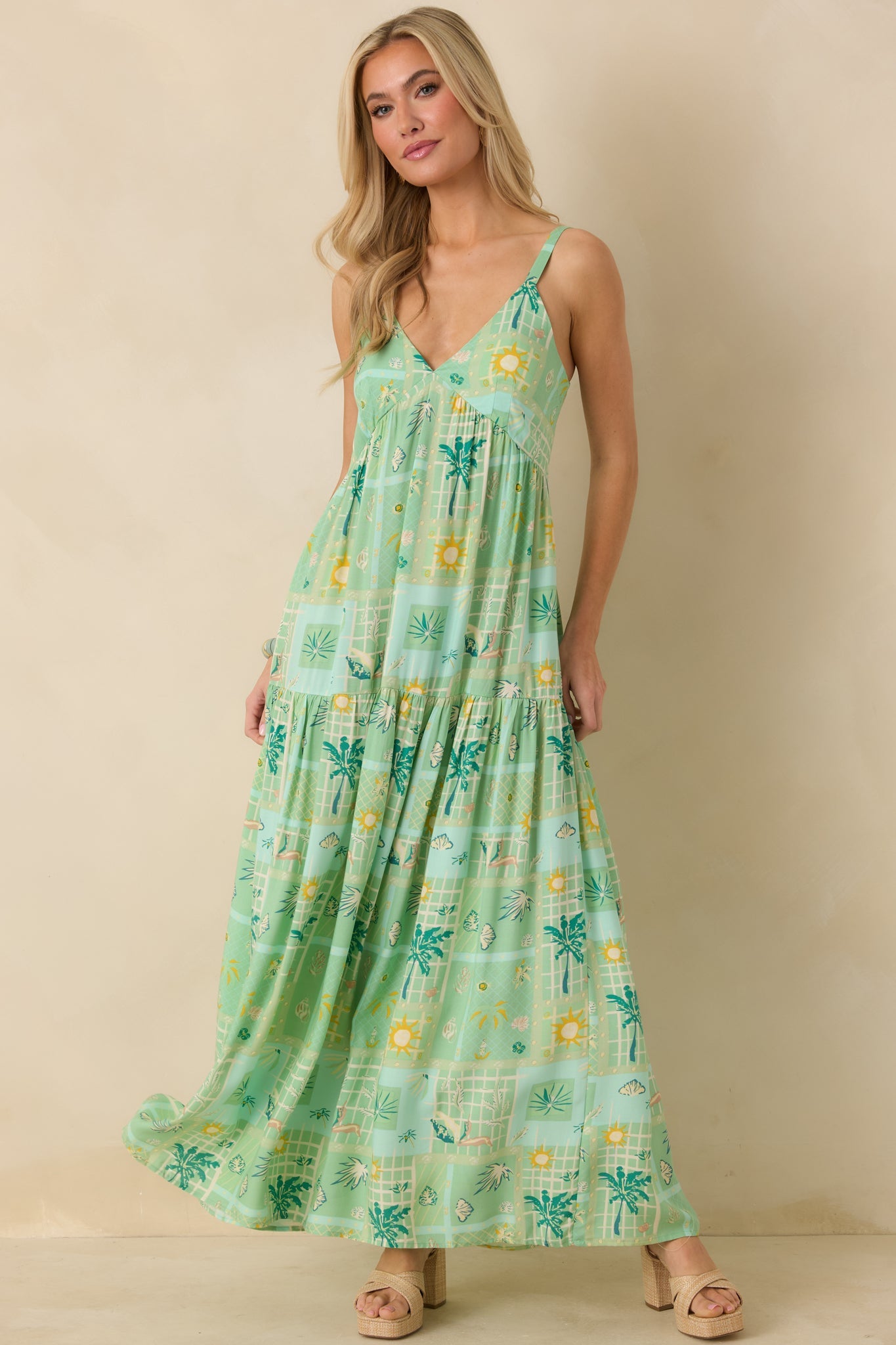 Sunlit Getaway Green Multi Tropical Sleeveless Maxi Dress