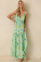 Sunlit Getaway Green Multi Tropical Sleeveless Maxi Dress