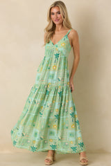 Sunlit Getaway Green Multi Tropical Sleeveless Maxi Dress