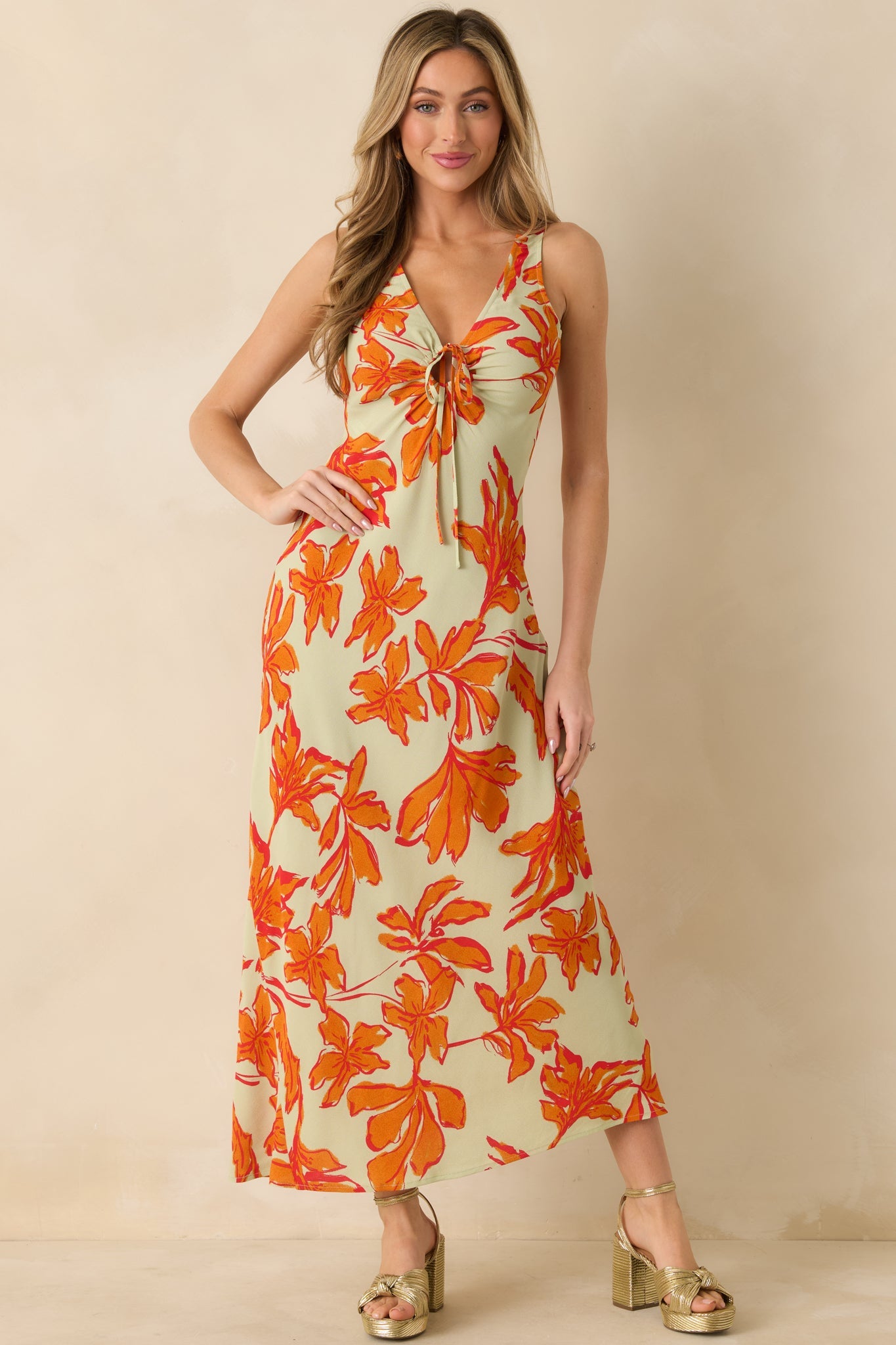 MINKPINK Estelle Green & Orange Floral Print Keyhole Maxi Dress