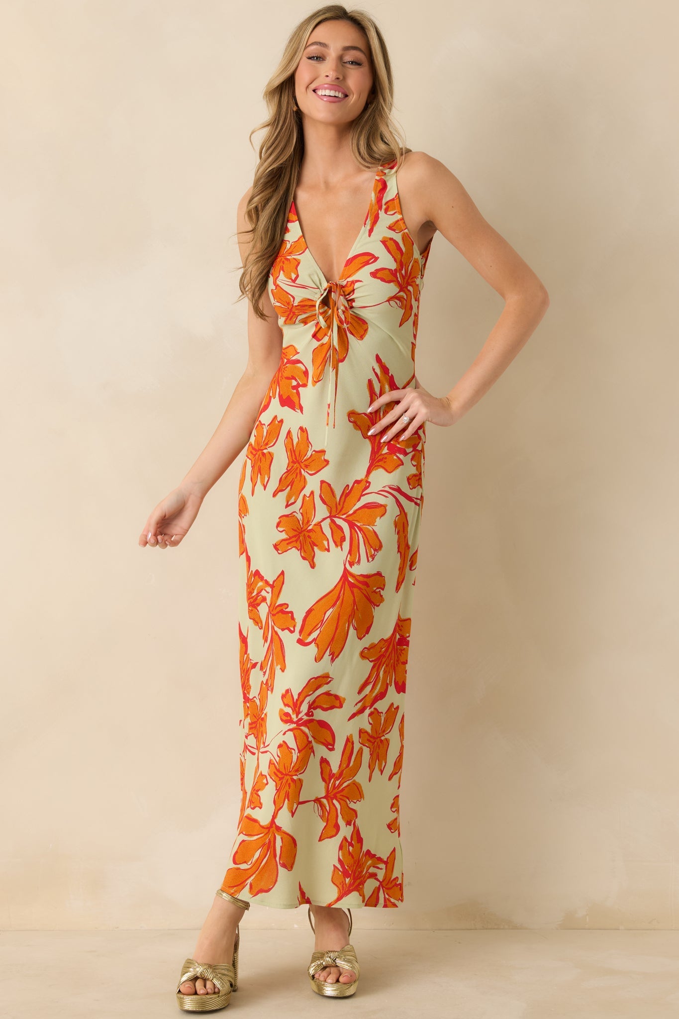MINKPINK Estelle Green & Orange Floral Print Keyhole Maxi Dress
