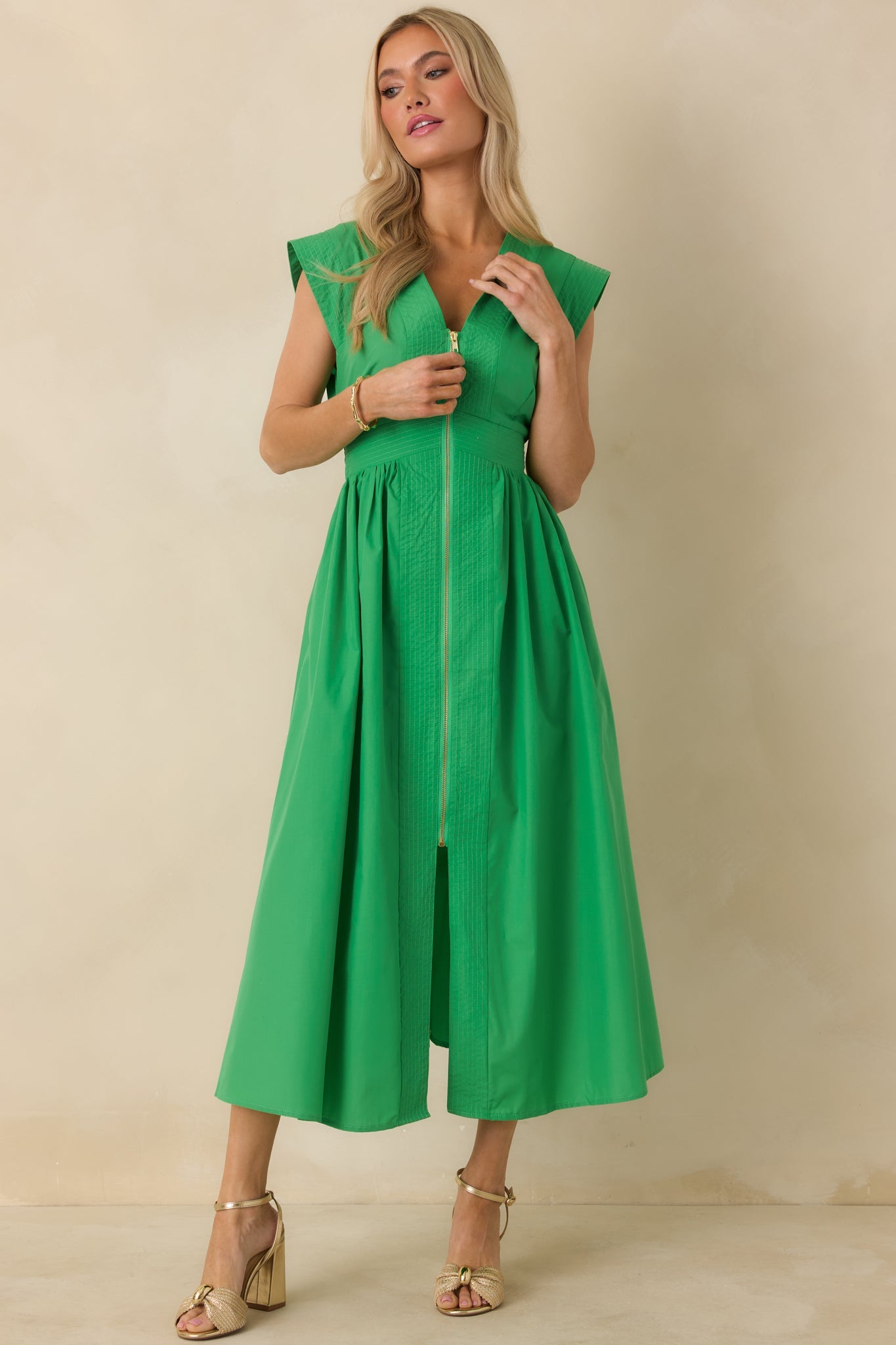 The Adeline Green Zip Up Midi Dress