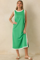 Perfectly Framed Green Jersey Knit Contrast Trim Sleeveless Maxi Dress