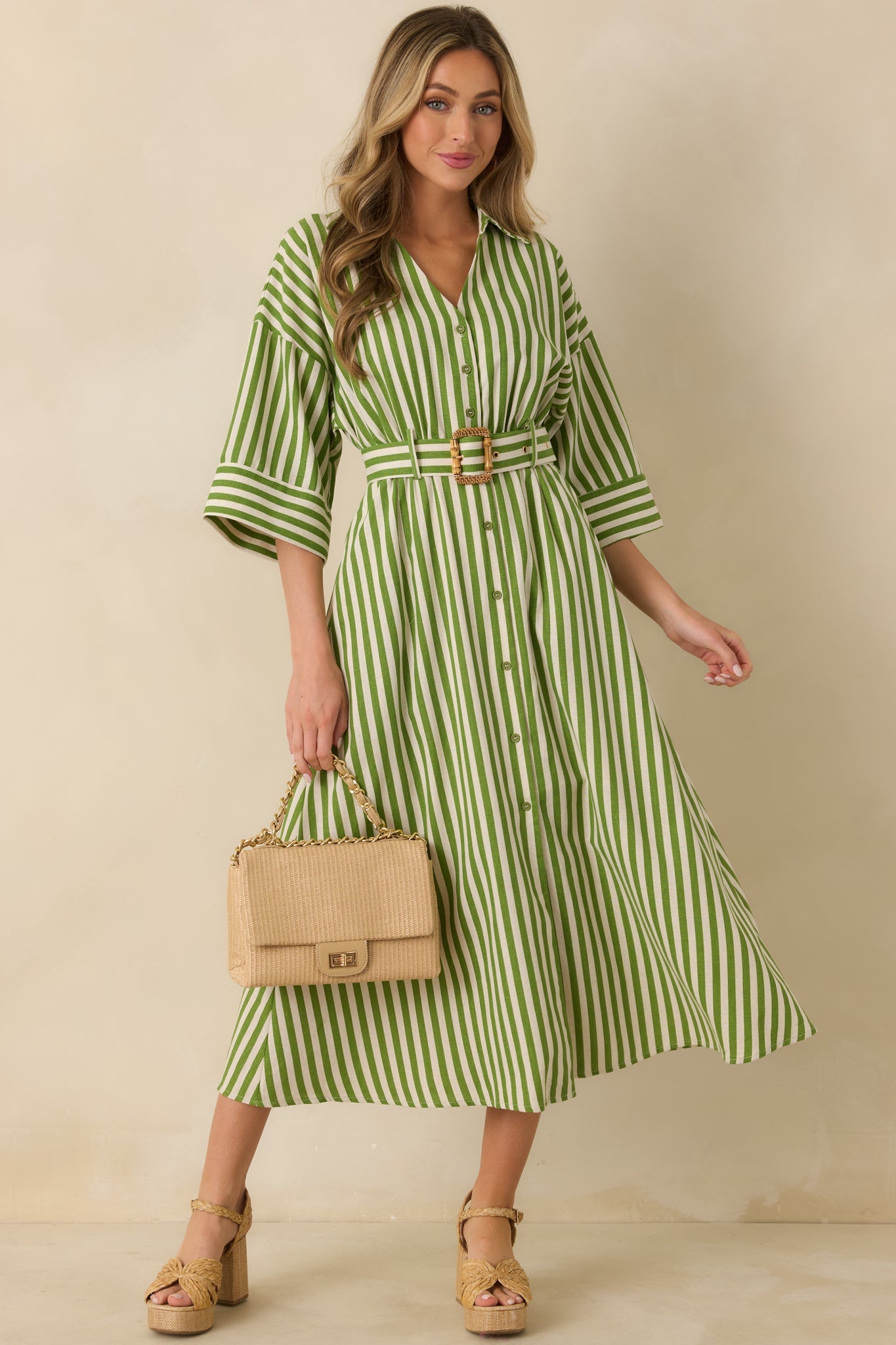 Lighthearted Days Green Stripe Belted Button Front Maxi Shirt Dress