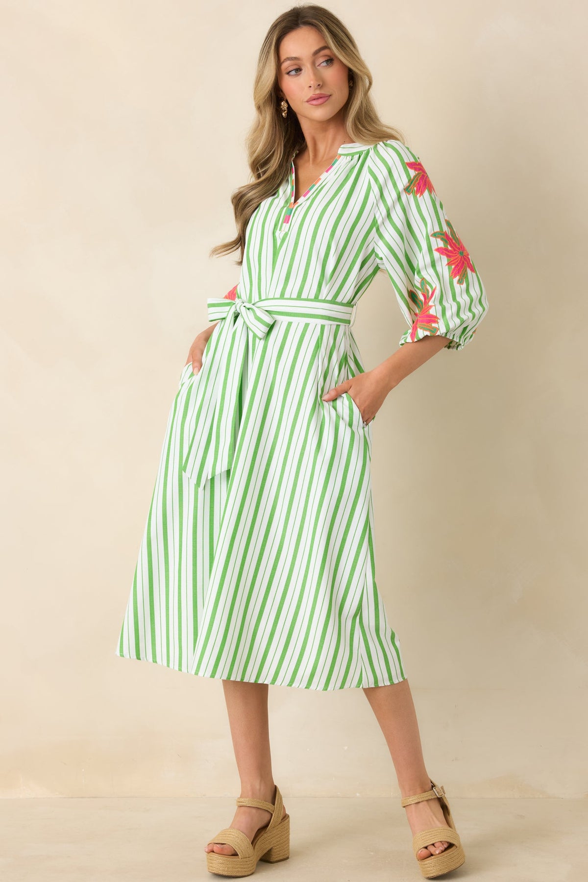 Having a Bright Outlook Green Stripe Floral Midi Dress
