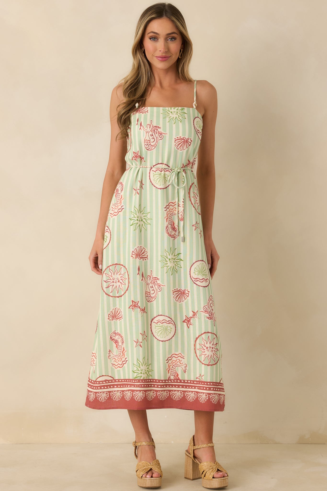 MINKPINK Soleil Green Stripe Linen Blend Tie-Waist Midi Dress
