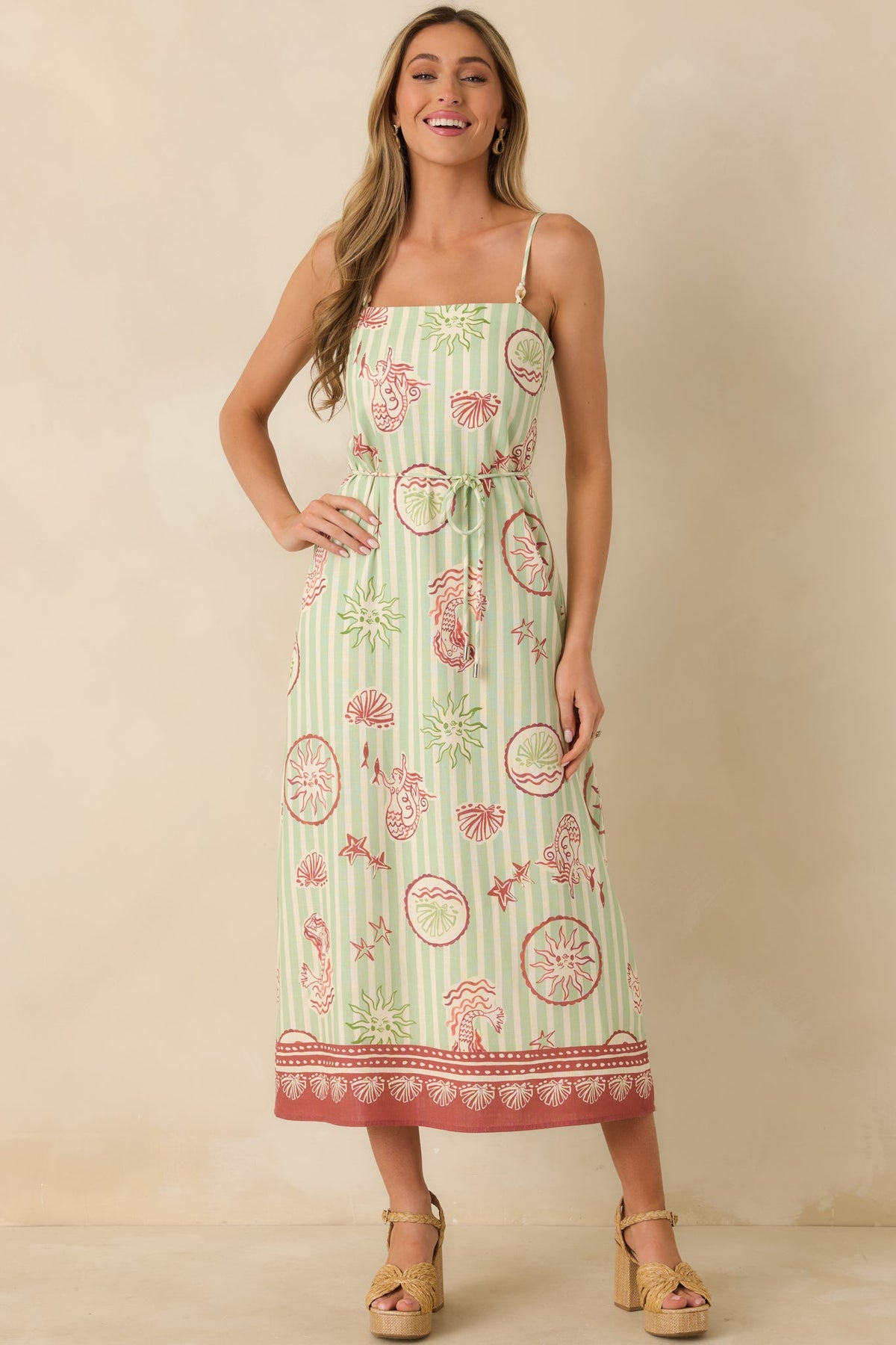 MINKPINK Soleil Green Stripe Linen Blend Tie-Waist Midi Dress