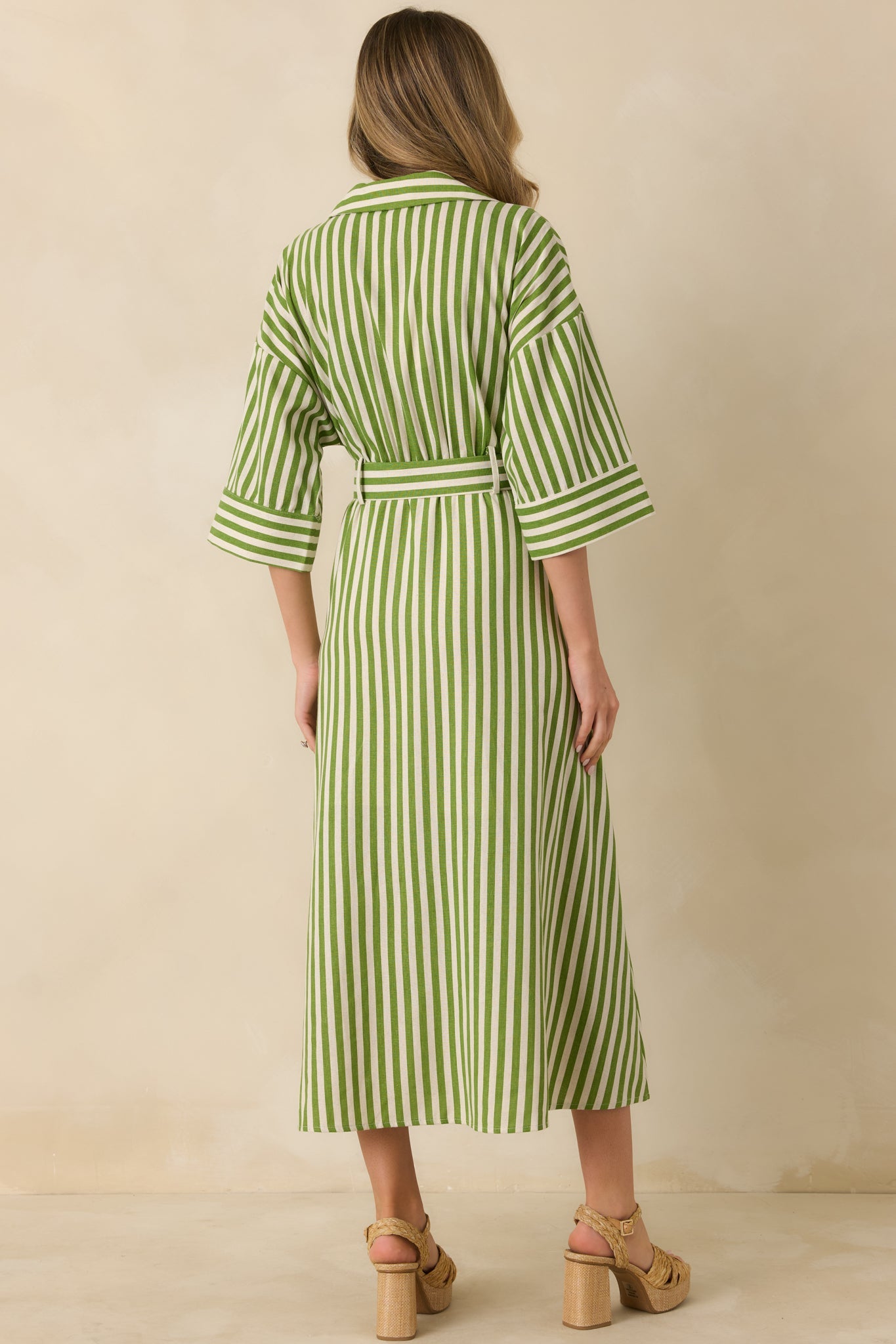 Lighthearted Days Green Stripe Belted Button Front Maxi Shirt Dress