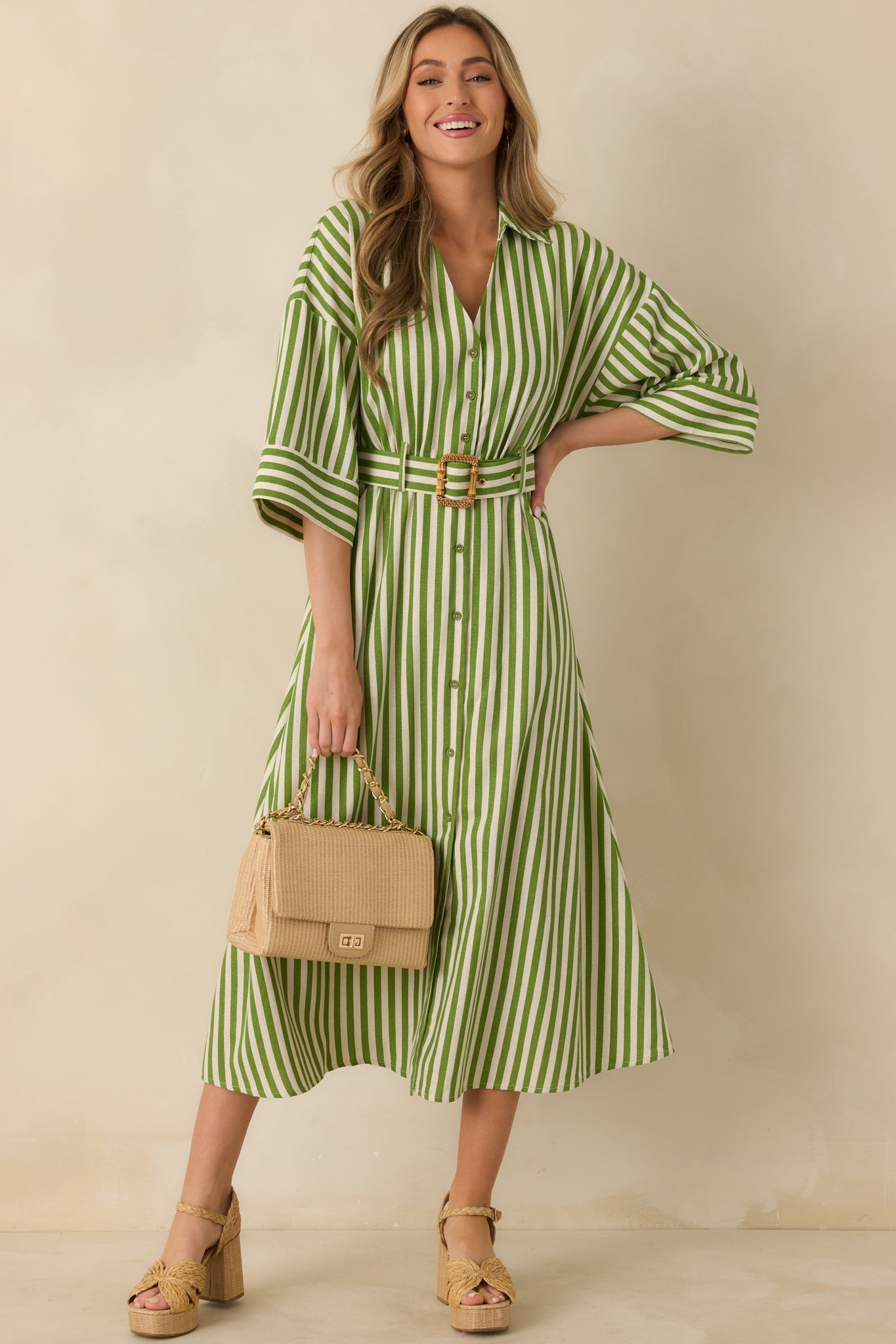 Lighthearted Days Green Stripe Belted Button Front Maxi Shirt Dress