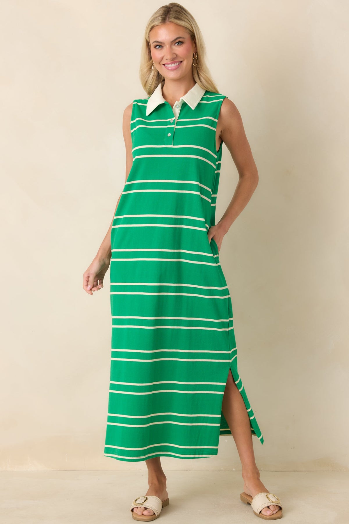Polished Play Green Stripe Cotton Sleeveless Maxi Dress