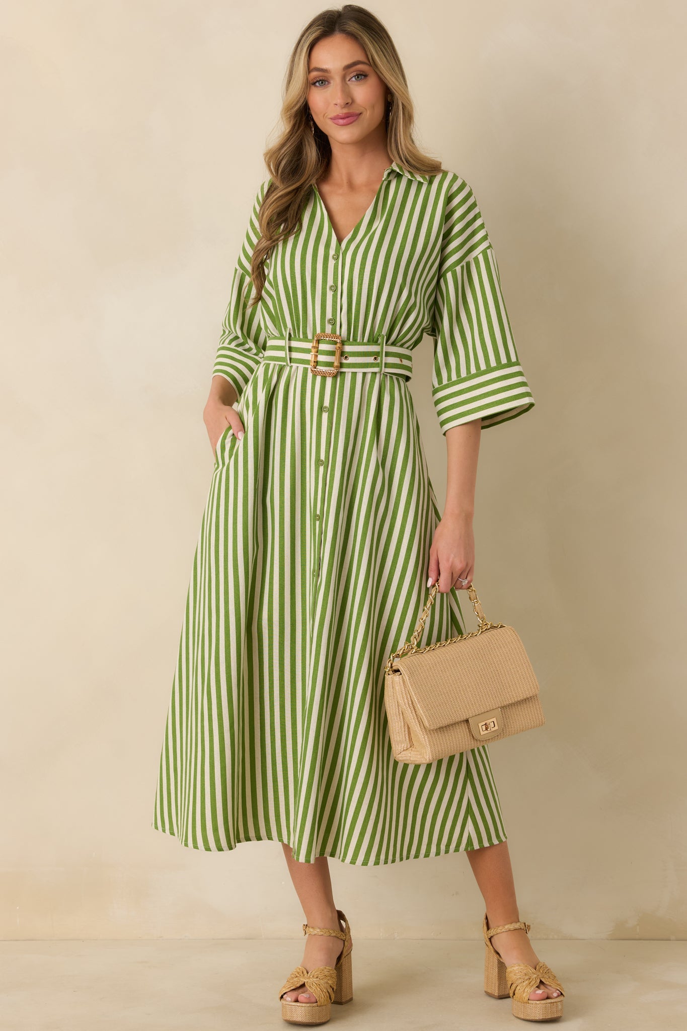 Lighthearted Days Green Stripe Belted Button Front Maxi Shirt Dress